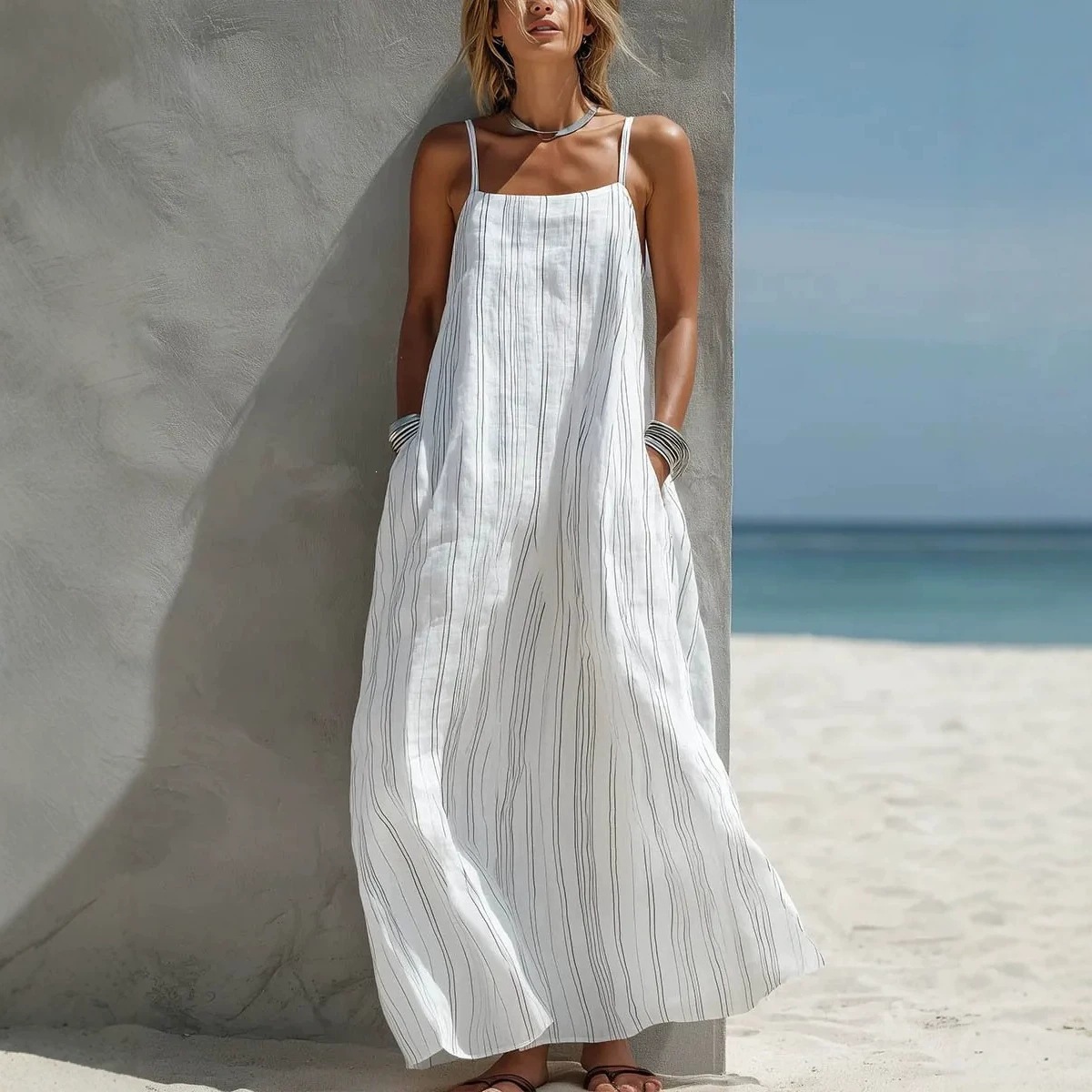 Women's Summer Striped Spaghetti Strap Sleeveless Dress Casual Trendy European American