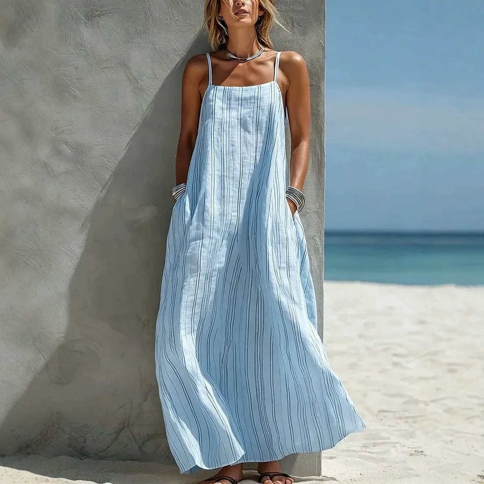 Women's Summer Striped Spaghetti Strap Sleeveless Dress Casual Trendy European American