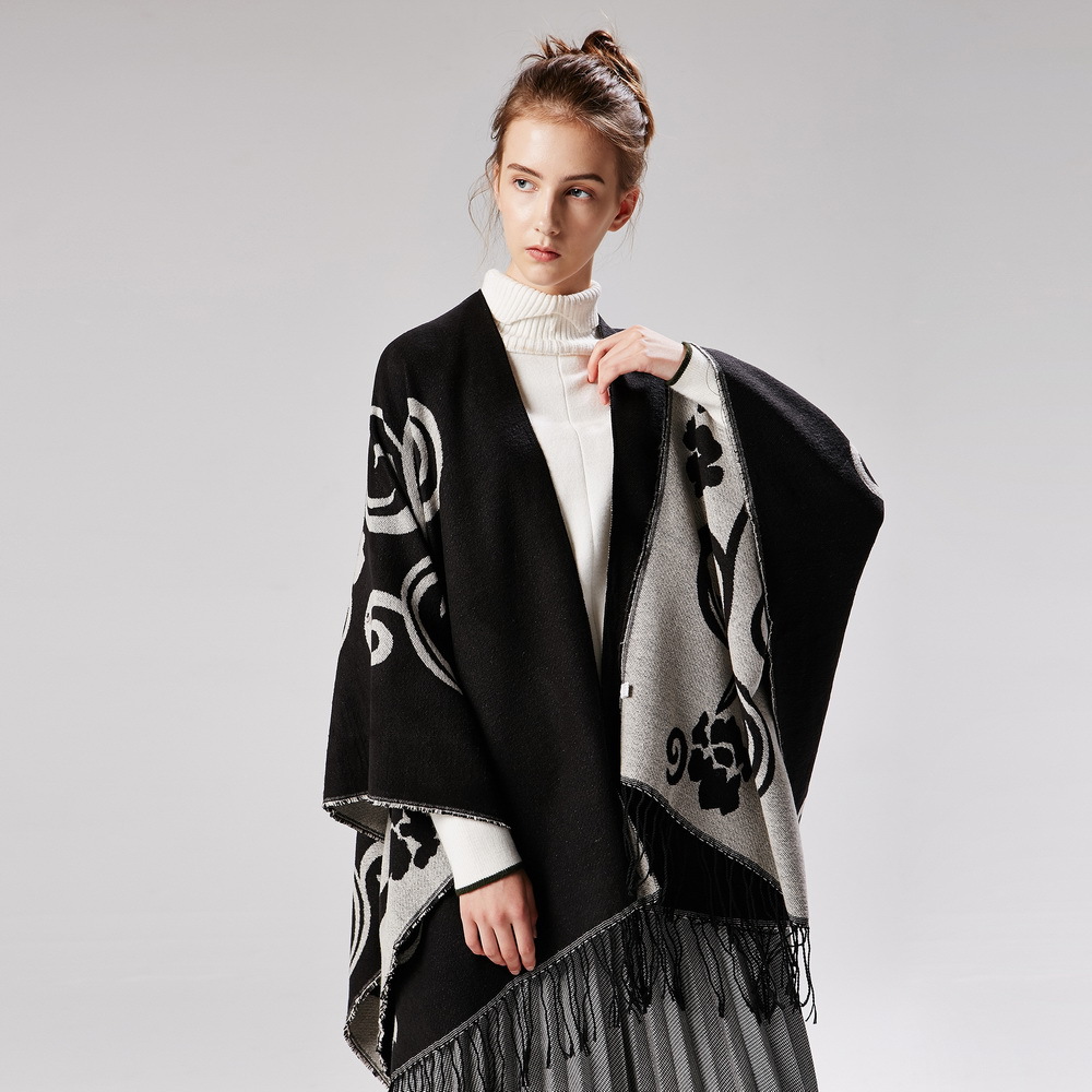 Women's Tai Chi Flower Split Shawl, Thick Warm Faux Cashmere Travel Cape Air-Conditioning