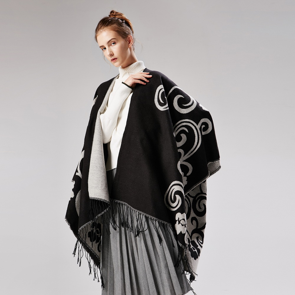 Women's Tai Chi Flower Split Shawl, Thick Warm Faux Cashmere Travel Cape Air-Conditioning