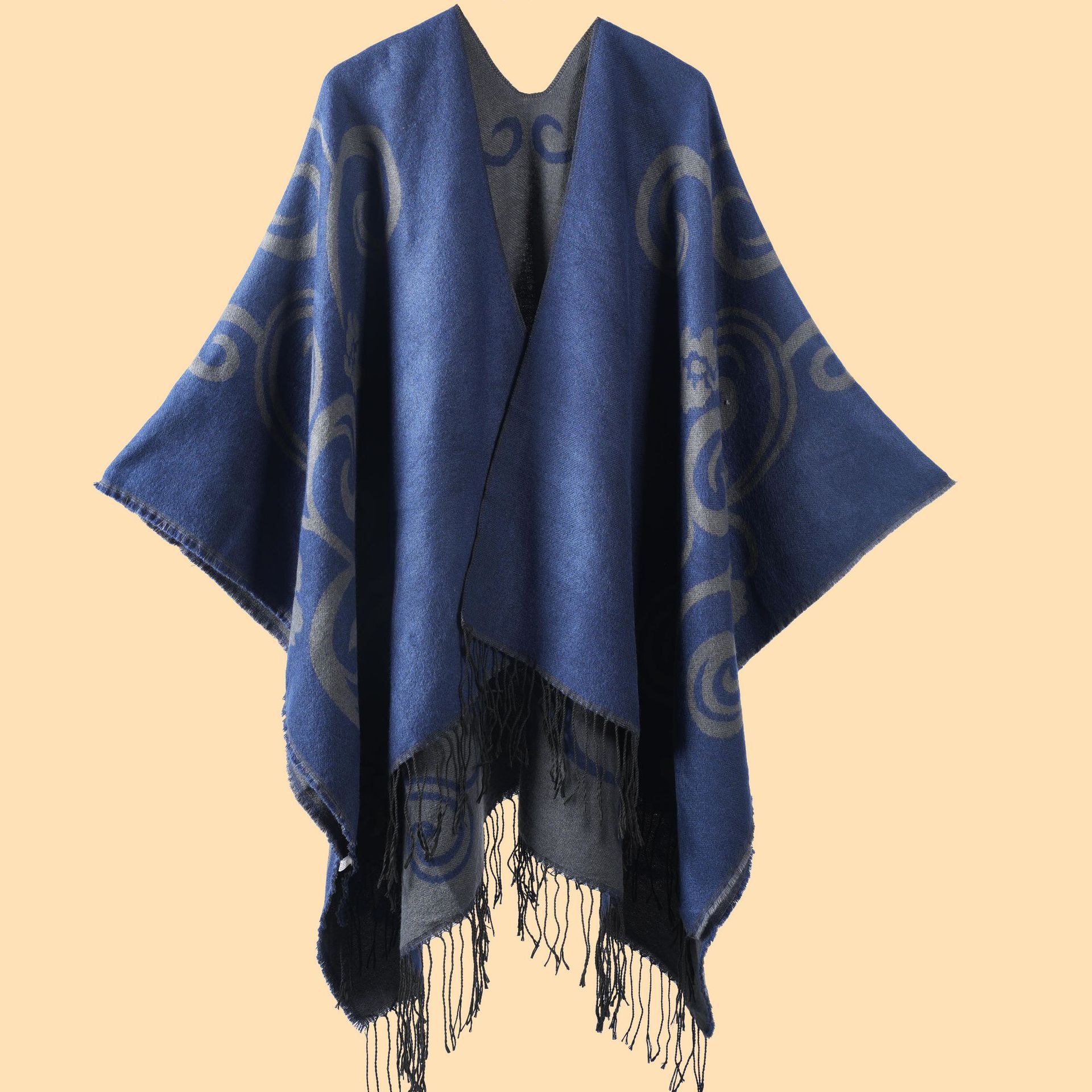 Women's Tai Chi Flower Split Shawl, Thick Warm Faux Cashmere Travel Cape Air-Conditioning