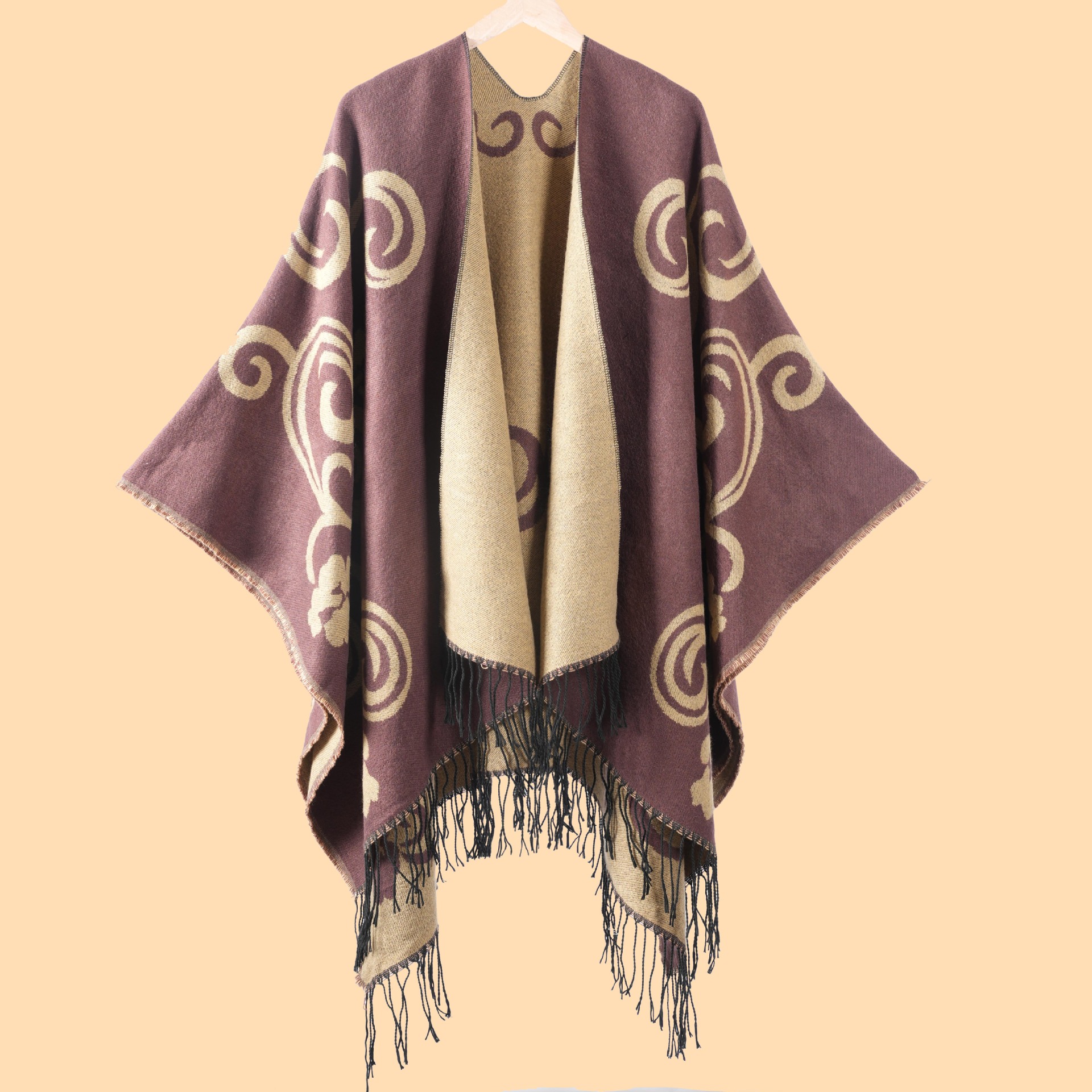 Women's Tai Chi Flower Split Shawl, Thick Warm Faux Cashmere Travel Cape Air-Conditioning