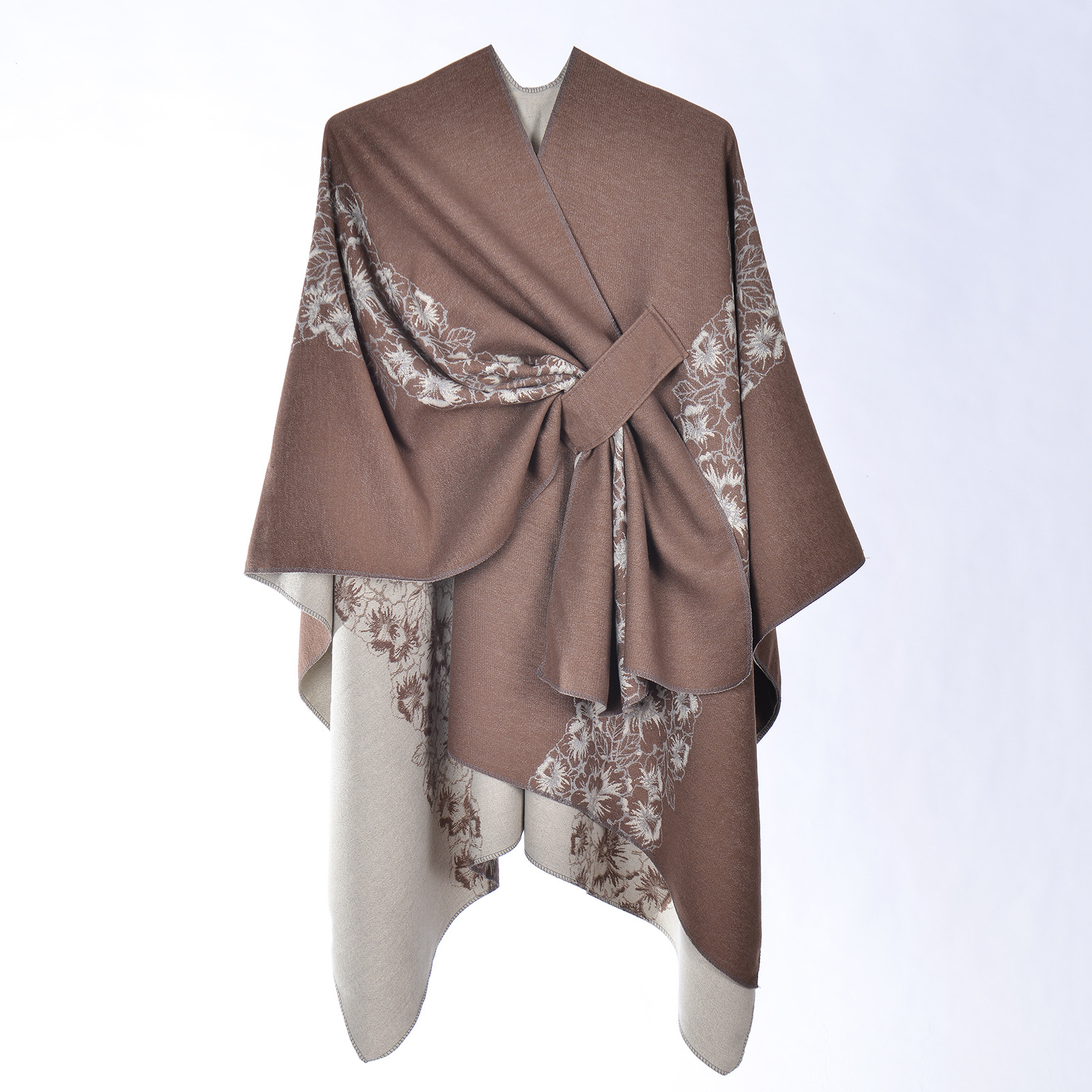 Women's Tie-Strap Split Shawl, Double-Sided Faux Cashmere Split Poncho Cape