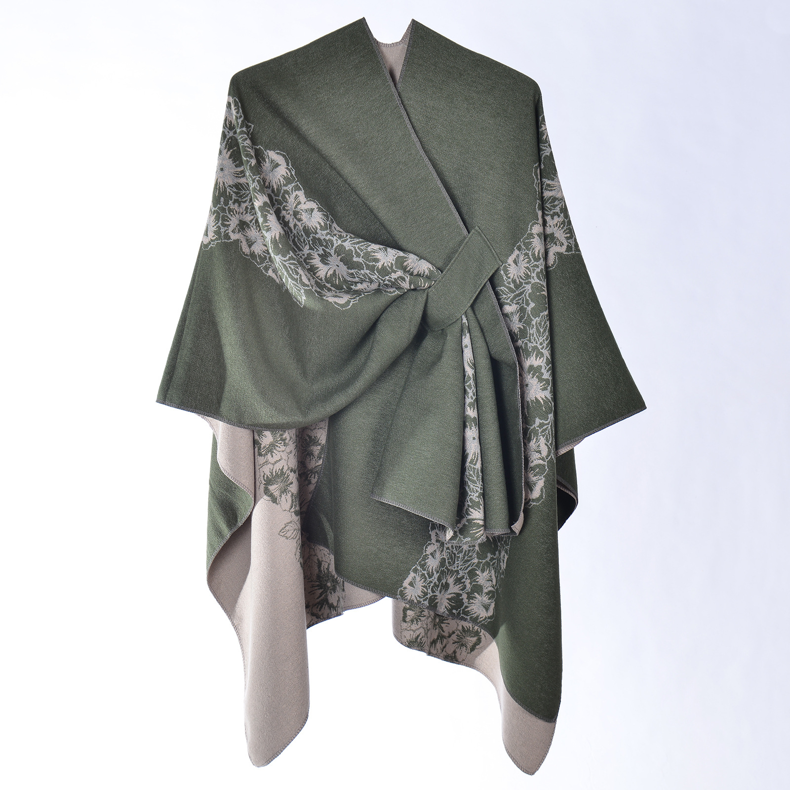 Women's Tie-Strap Split Shawl, Double-Sided Faux Cashmere Split Poncho Cape