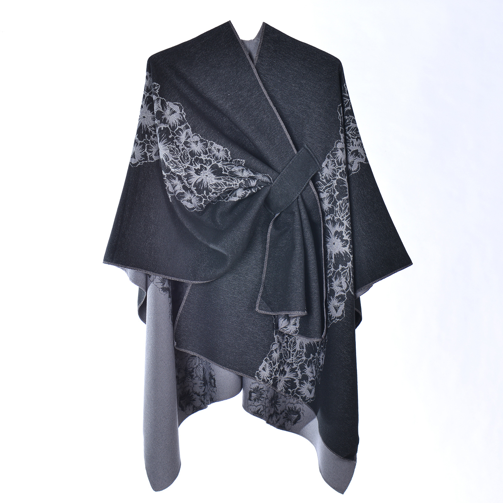 Women's Tie-Strap Split Shawl, Double-Sided Faux Cashmere Split Poncho Cape