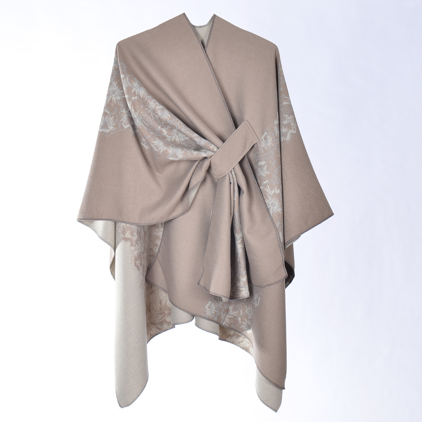 Women's Tie-Strap Split Shawl, Double-Sided Faux Cashmere Split Poncho Cape