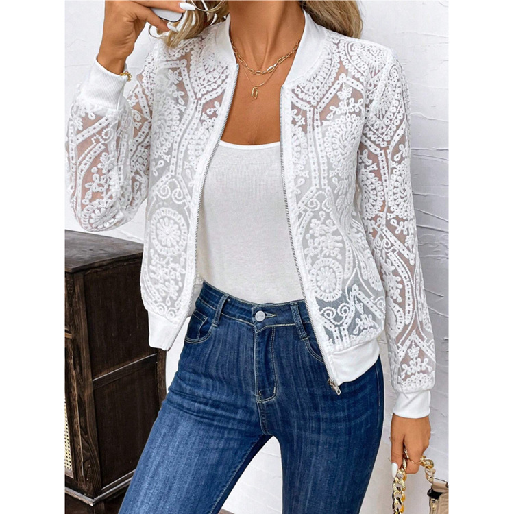 Women's Transparent Lace Zip-front Jacket Stylish And Comfortable Outerwear