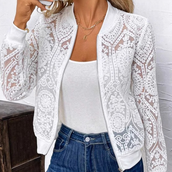 Women's Transparent Lace Zip-front Jacket Stylish And Comfortable Outerwear