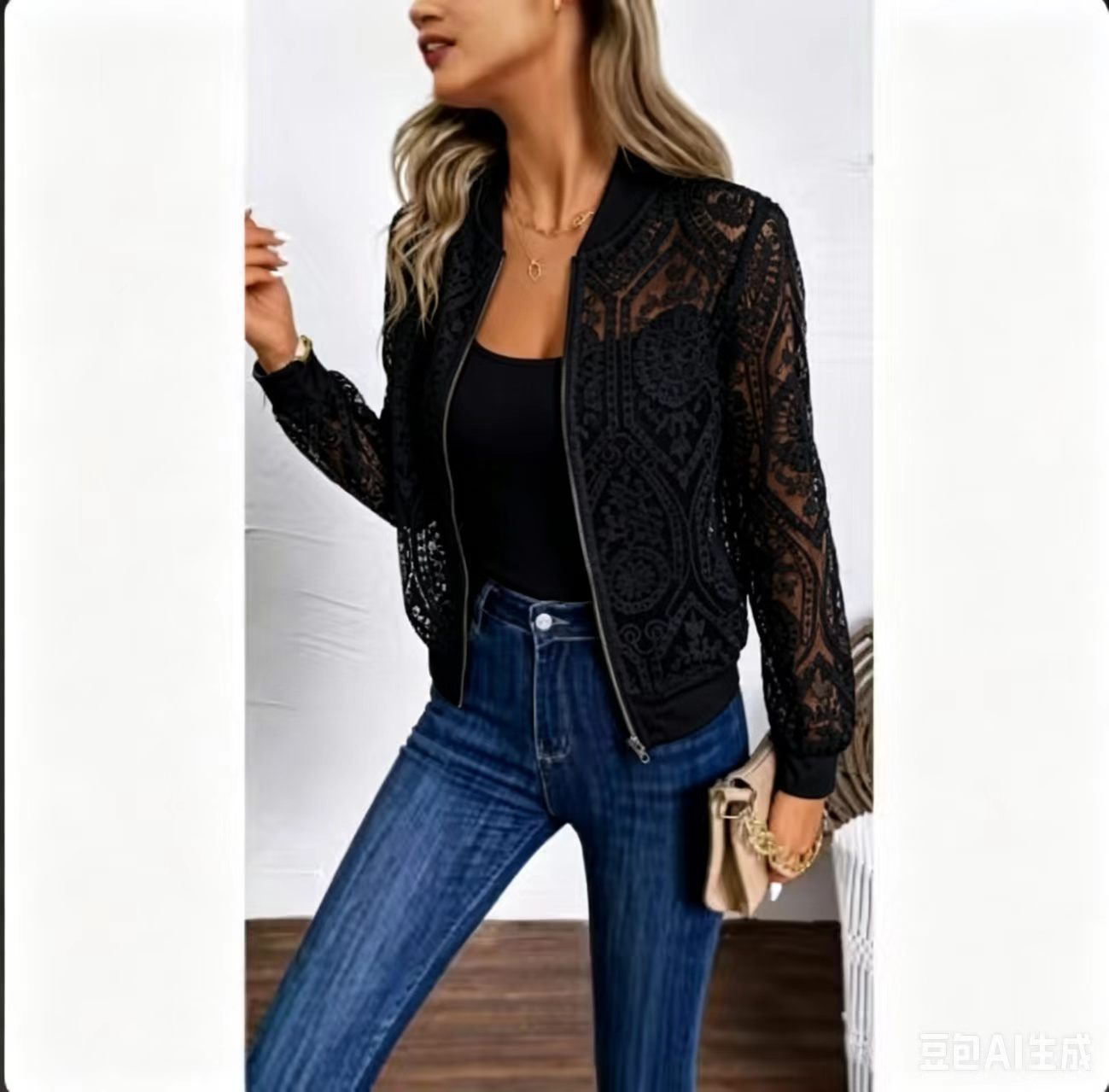 Women's Transparent Lace Zip-front Jacket Stylish And Comfortable Outerwear