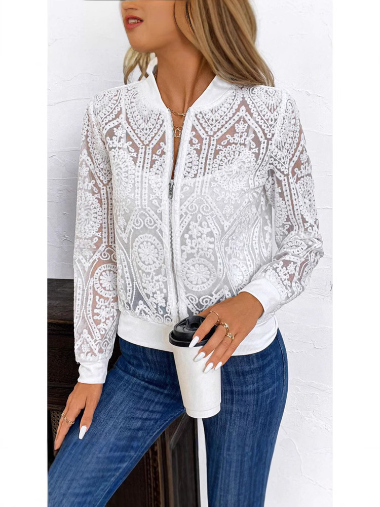 Women's Transparent Lace Zip-front Jacket Stylish And Comfortable Outerwear