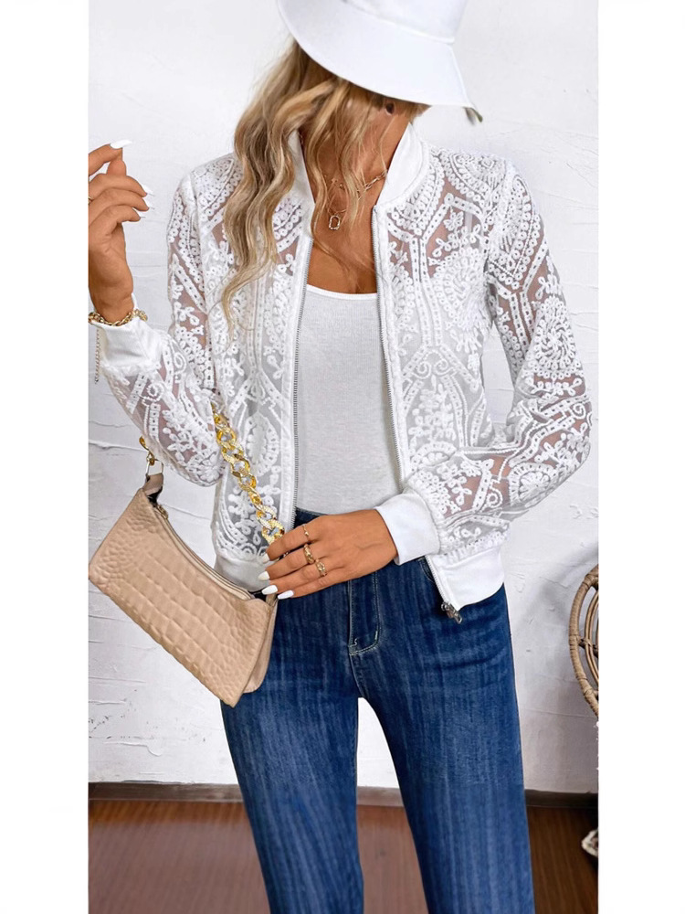 Women's Transparent Lace Zip-front Jacket Stylish And Comfortable Outerwear