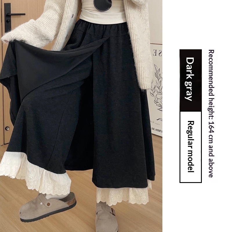Ženske pantalone širokih nogavica sa obrubom od čipke