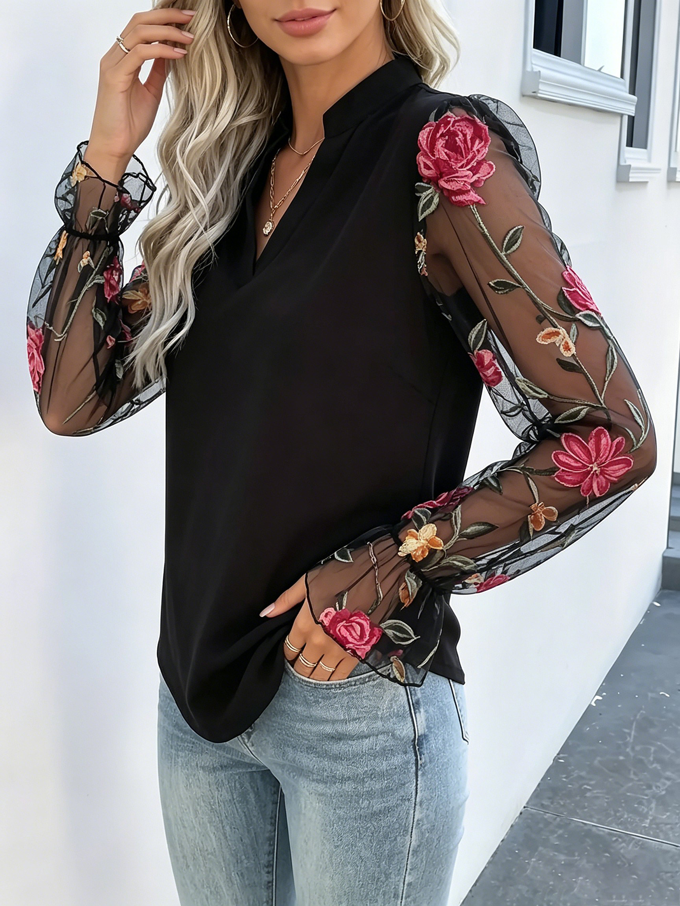 Women Stand Collar Split V Neck Satin Blouse Floral Embroidery Sheer Mesh Flare Long