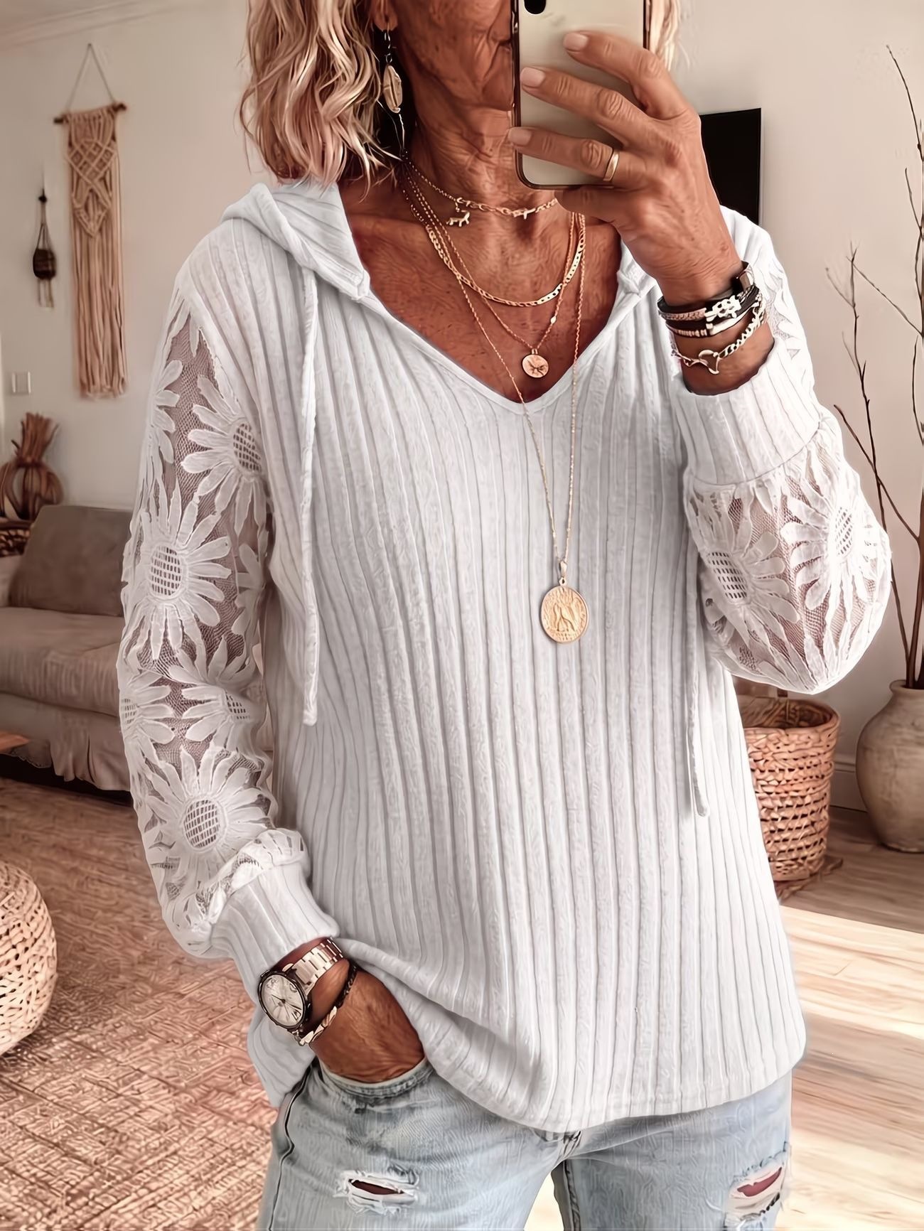 Women V Neck Hooded Sweatshirt Ribbed Knit Floral Lace Splicing Long Sleeve Drawstring