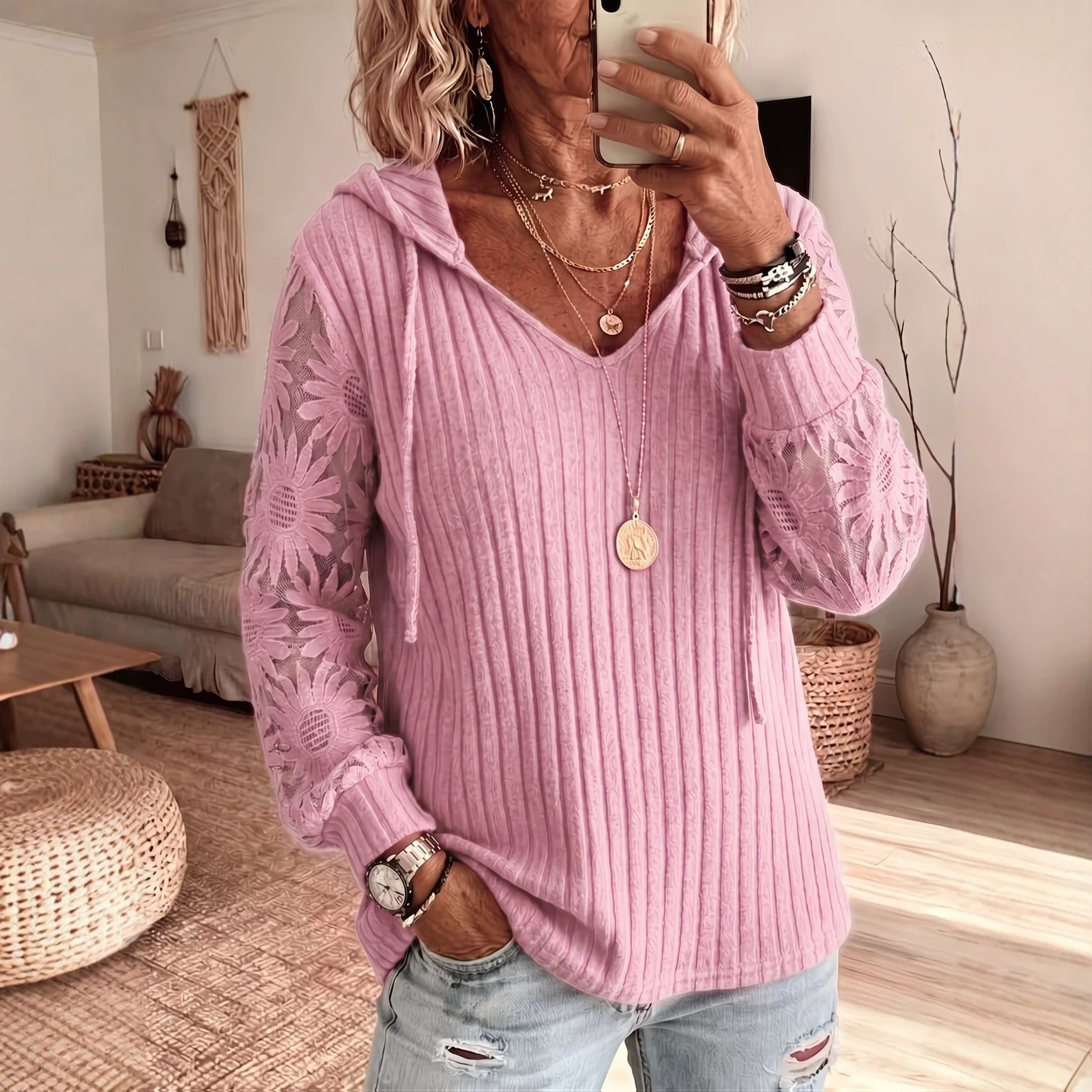 Women V Neck Hooded Sweatshirt Ribbed Knit Floral Lace Splicing Long Sleeve Drawstring