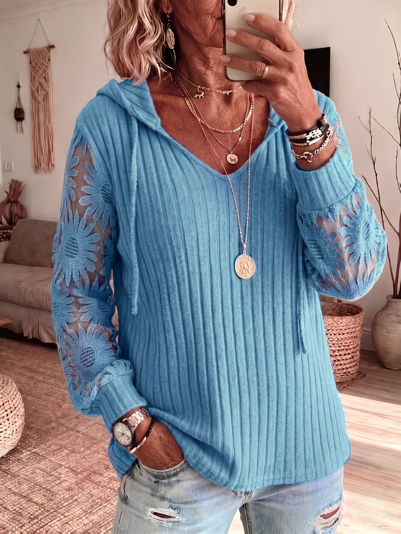 Women V Neck Hooded Sweatshirt Ribbed Knit Floral Lace Splicing Long Sleeve Drawstring