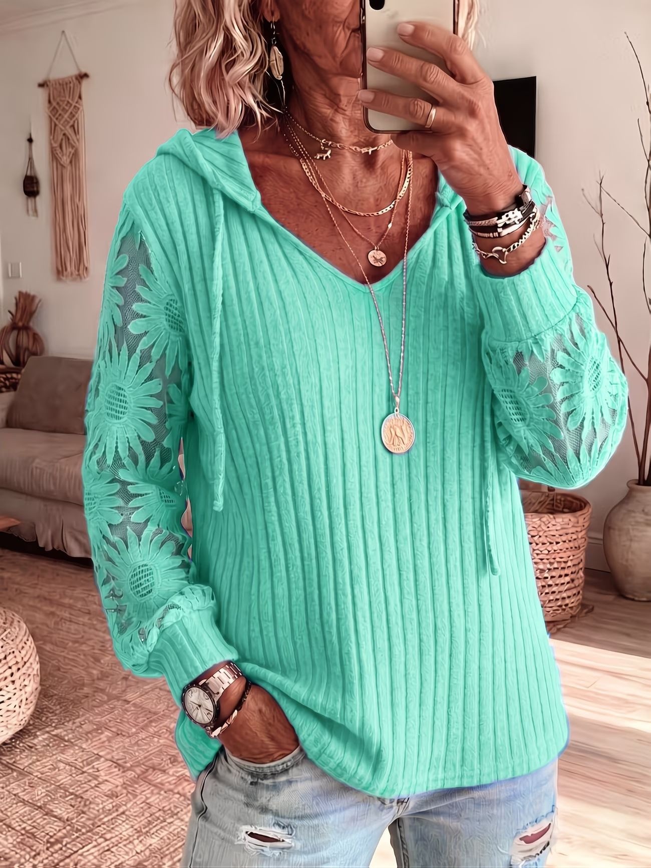 Women V Neck Hooded Sweatshirt Ribbed Knit Floral Lace Splicing Long Sleeve Drawstring