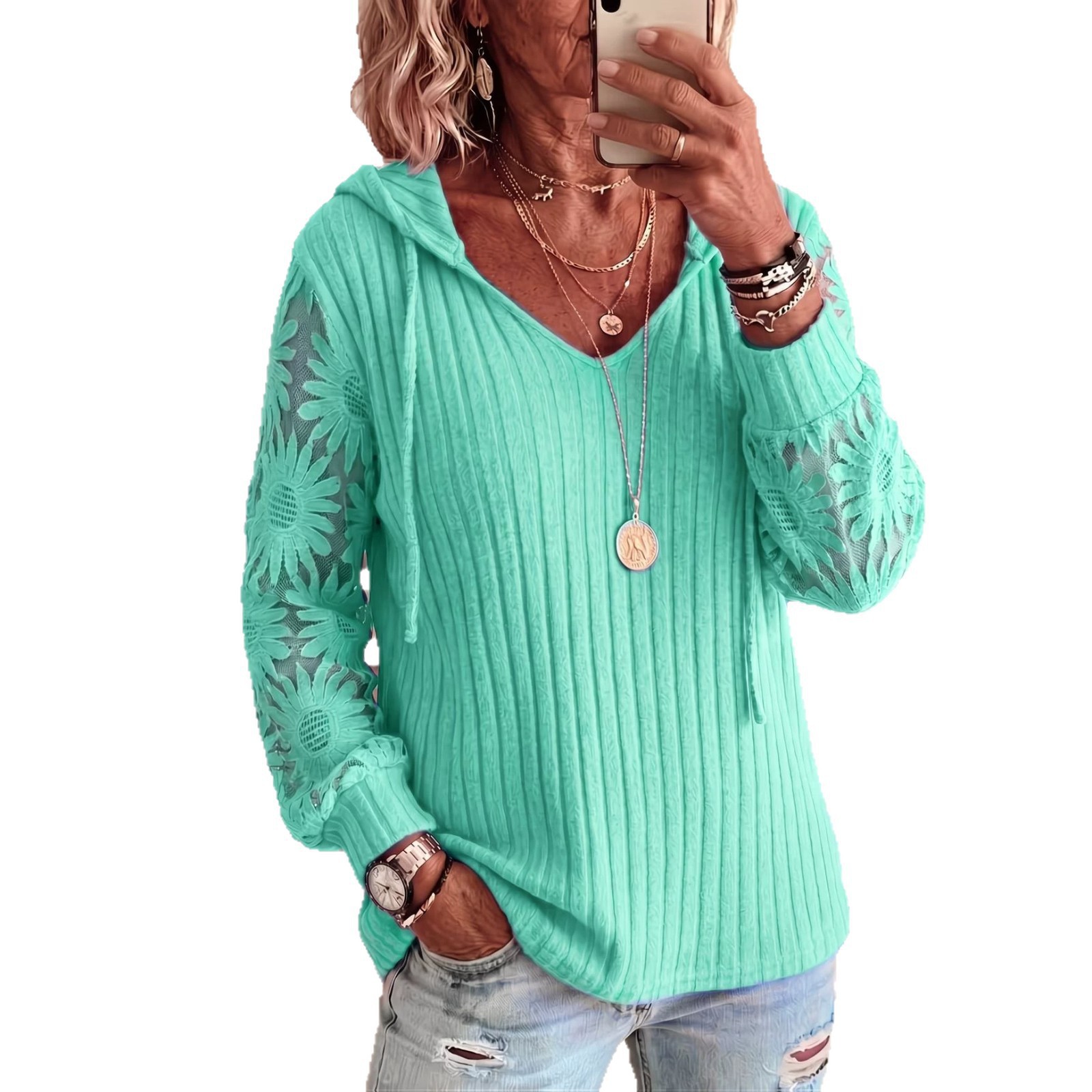Women V Neck Hooded Sweatshirt Ribbed Knit Floral Lace Splicing Long Sleeve Drawstring