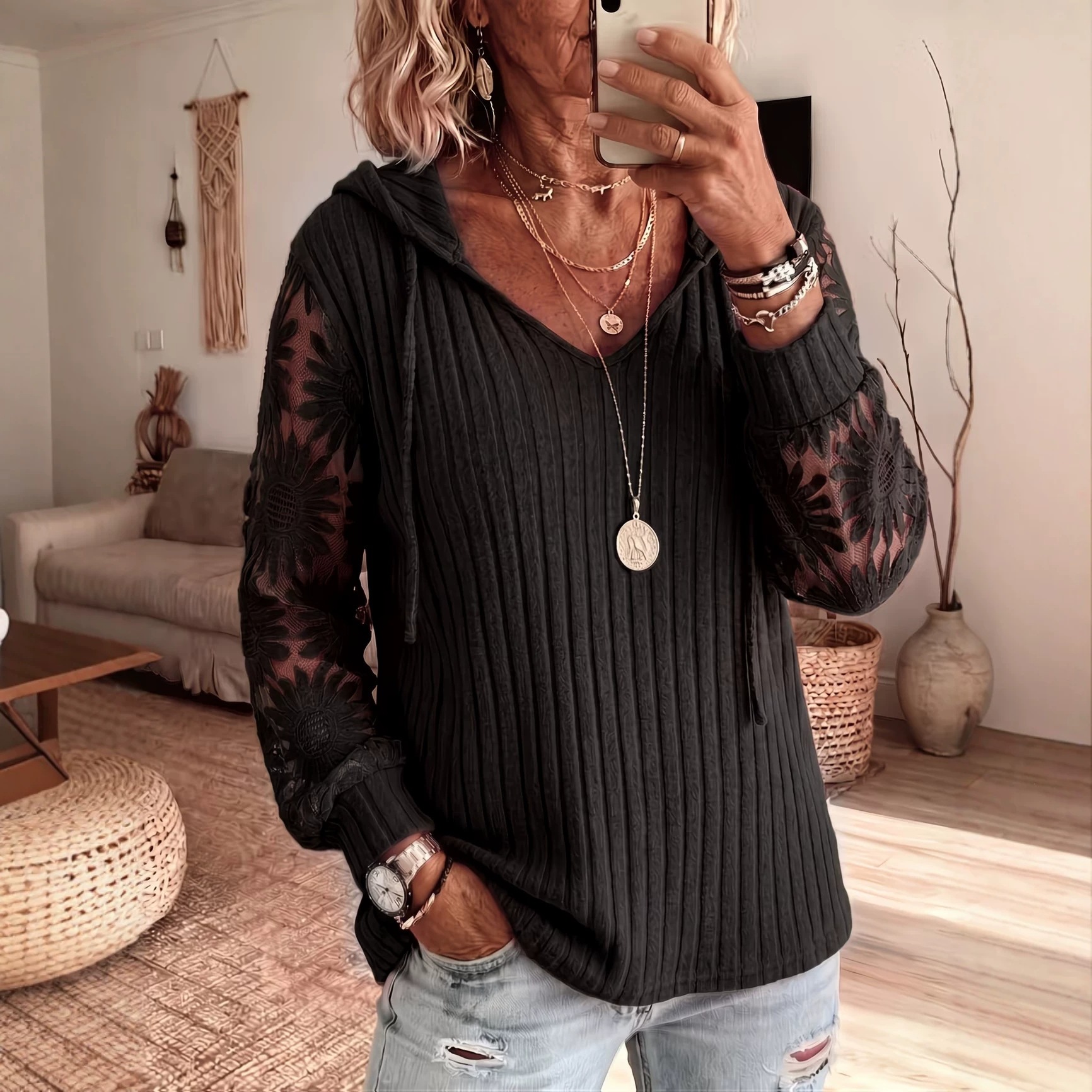 Women V Neck Hooded Sweatshirt Ribbed Knit Floral Lace Splicing Long Sleeve Drawstring