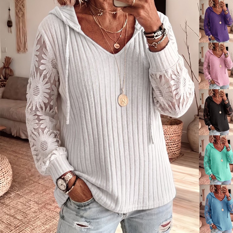 Women V Neck Hooded Sweatshirt Ribbed Knit Floral Lace Splicing Long Sleeve Drawstring