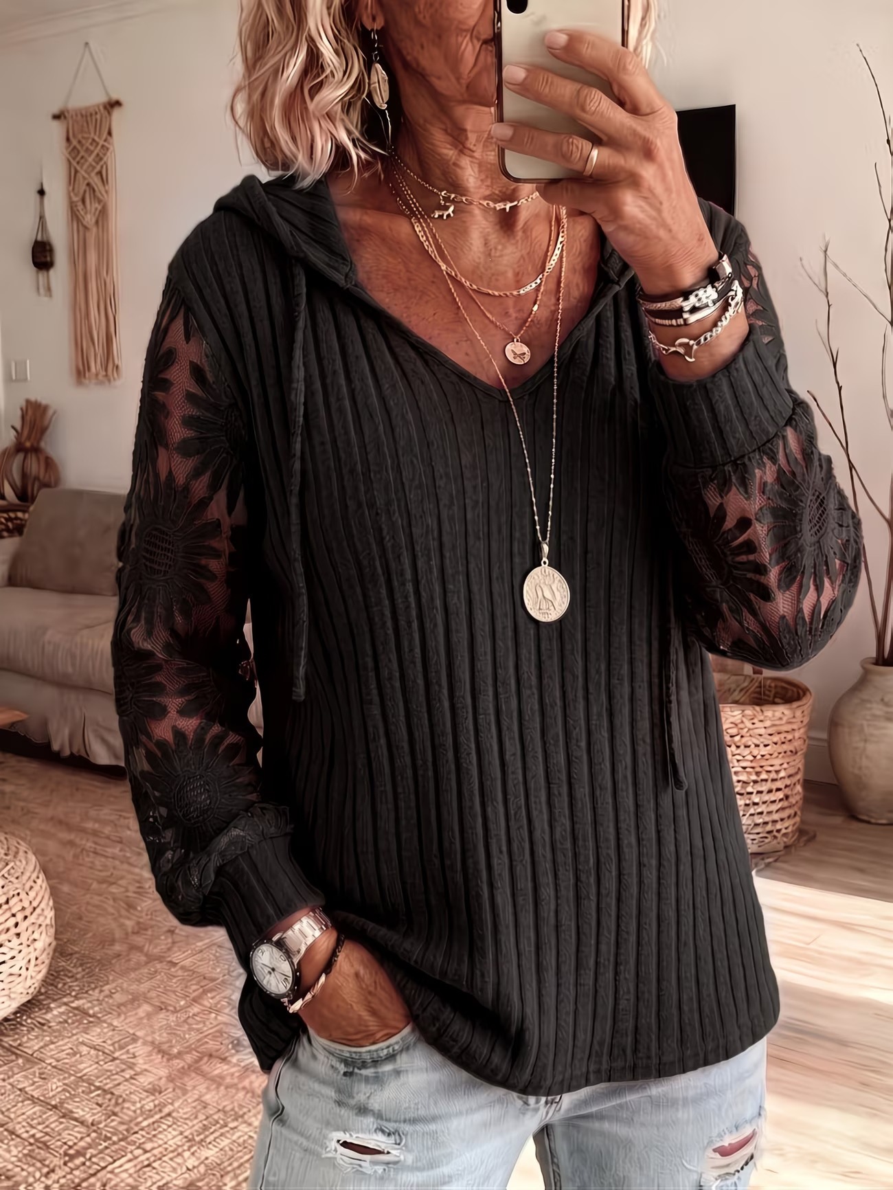 Women V Neck Hooded Sweatshirt Ribbed Knit Floral Lace Splicing Long Sleeve Drawstring