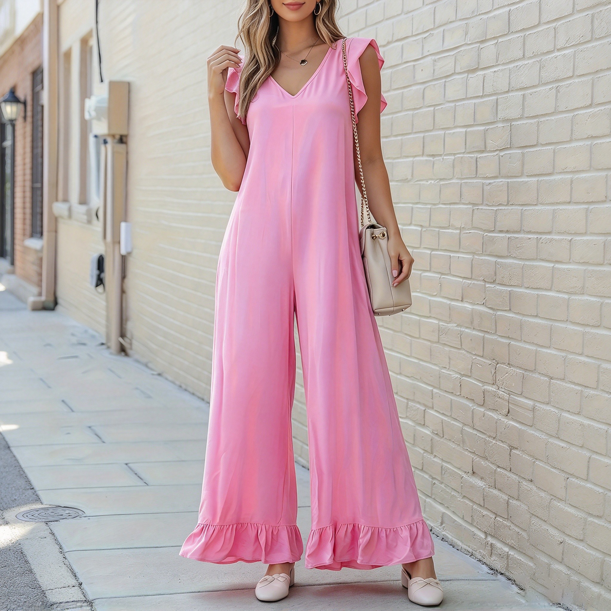 Women V Neck Ruffle Cap Sleeve Wide Leg Ruffle Hem Knit Jumpsuit