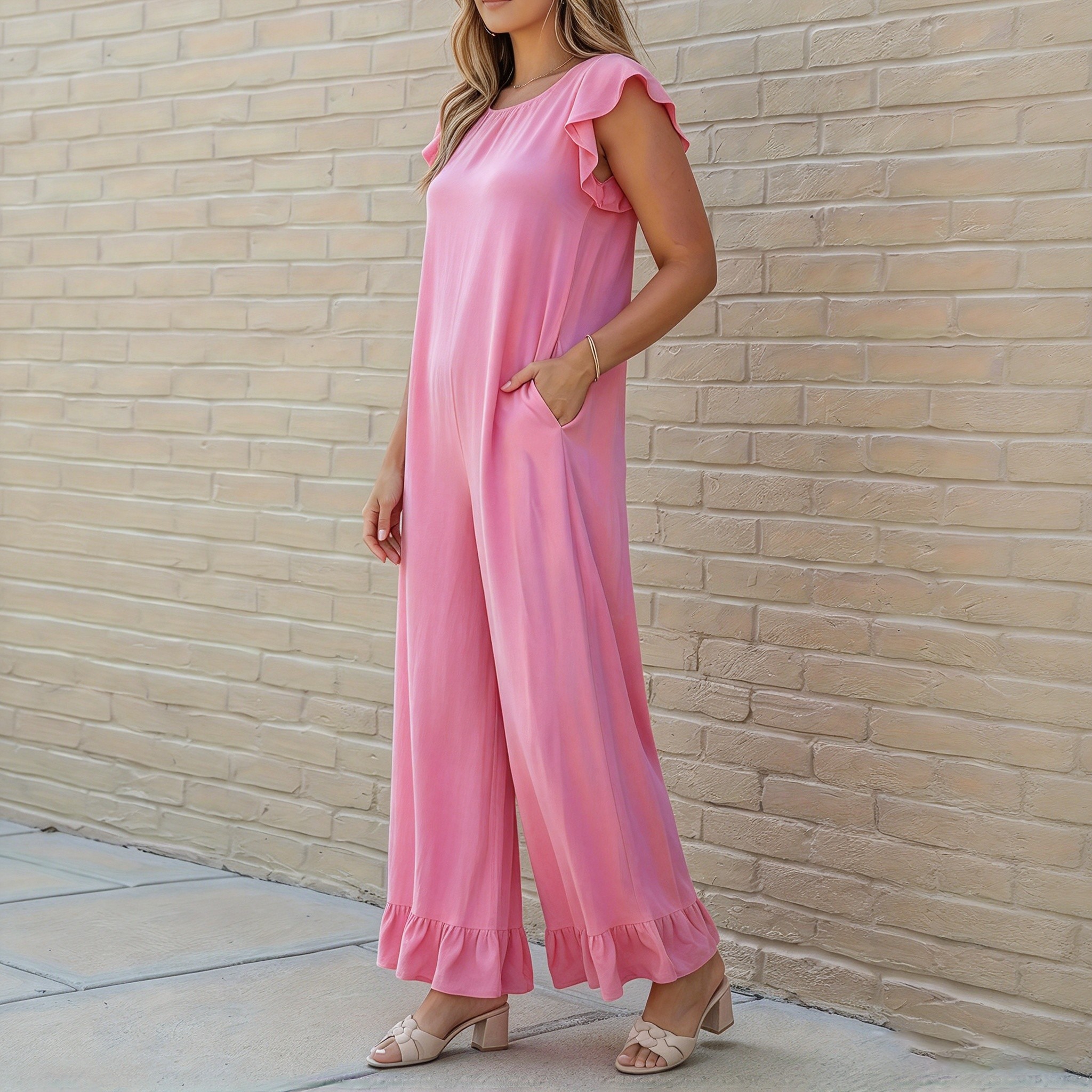 Women V Neck Ruffle Cap Sleeve Wide Leg Ruffle Hem Knit Jumpsuit