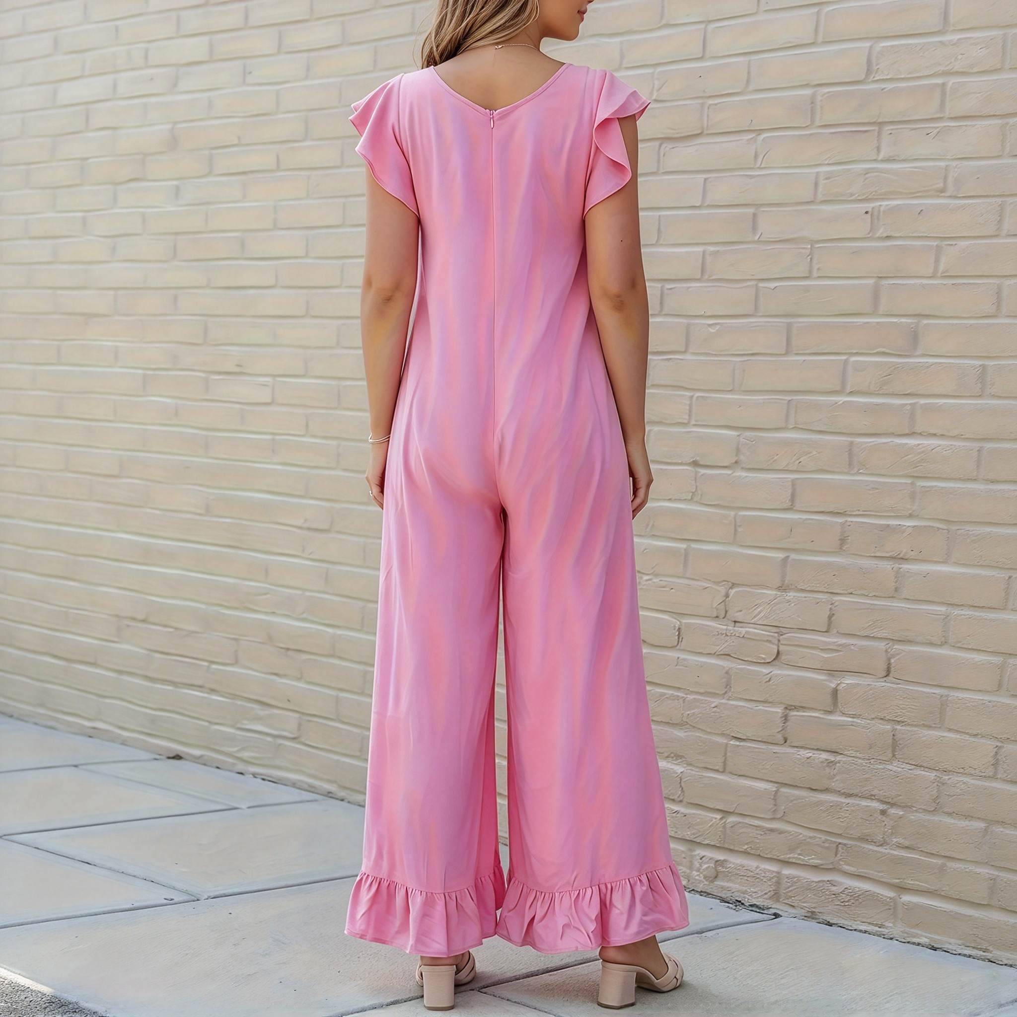 Women V Neck Ruffle Cap Sleeve Wide Leg Ruffle Hem Knit Jumpsuit