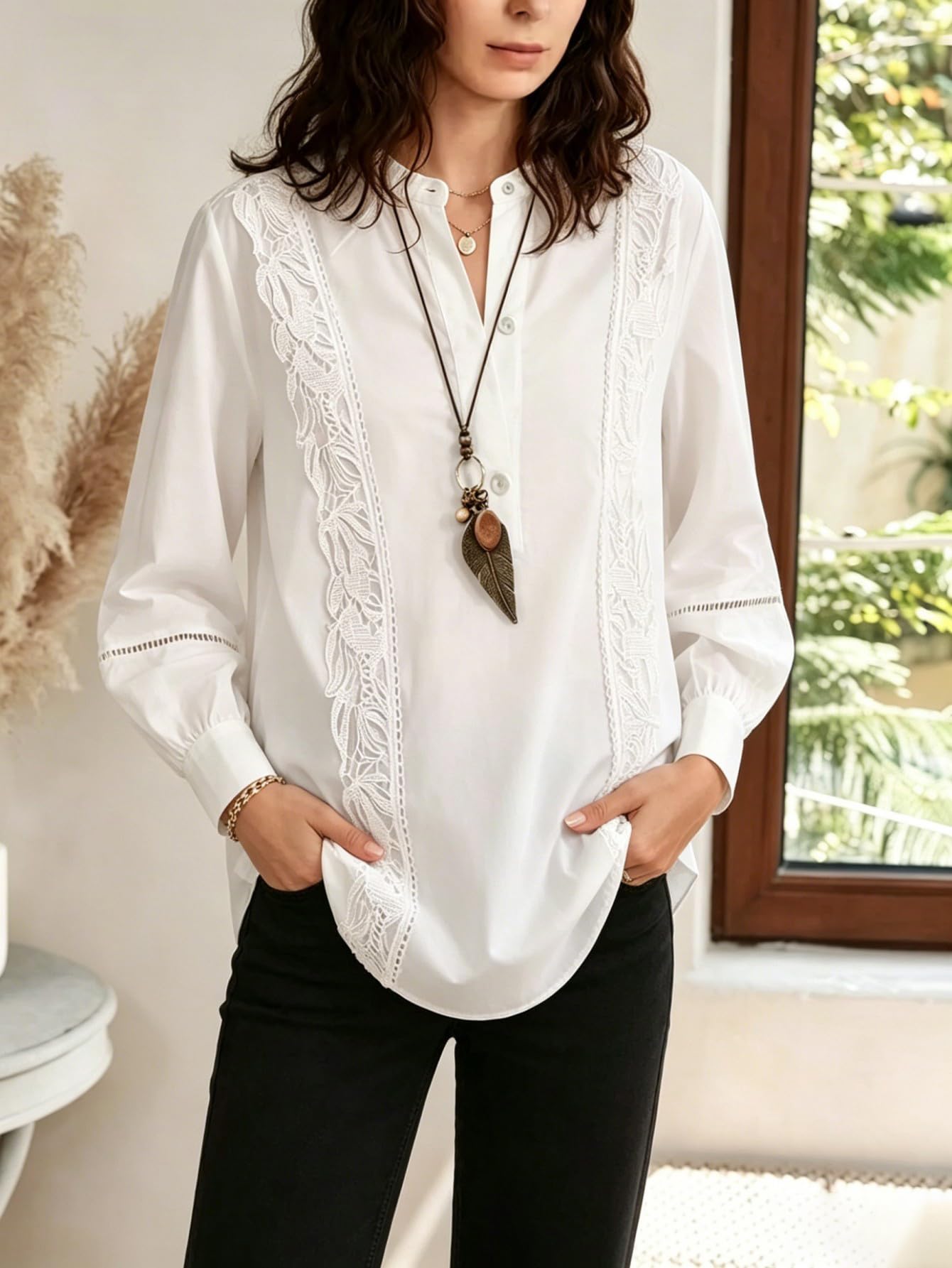 Women Woven Lace Embroidered Shirt Collar Long Sleeve Half Button Blouse