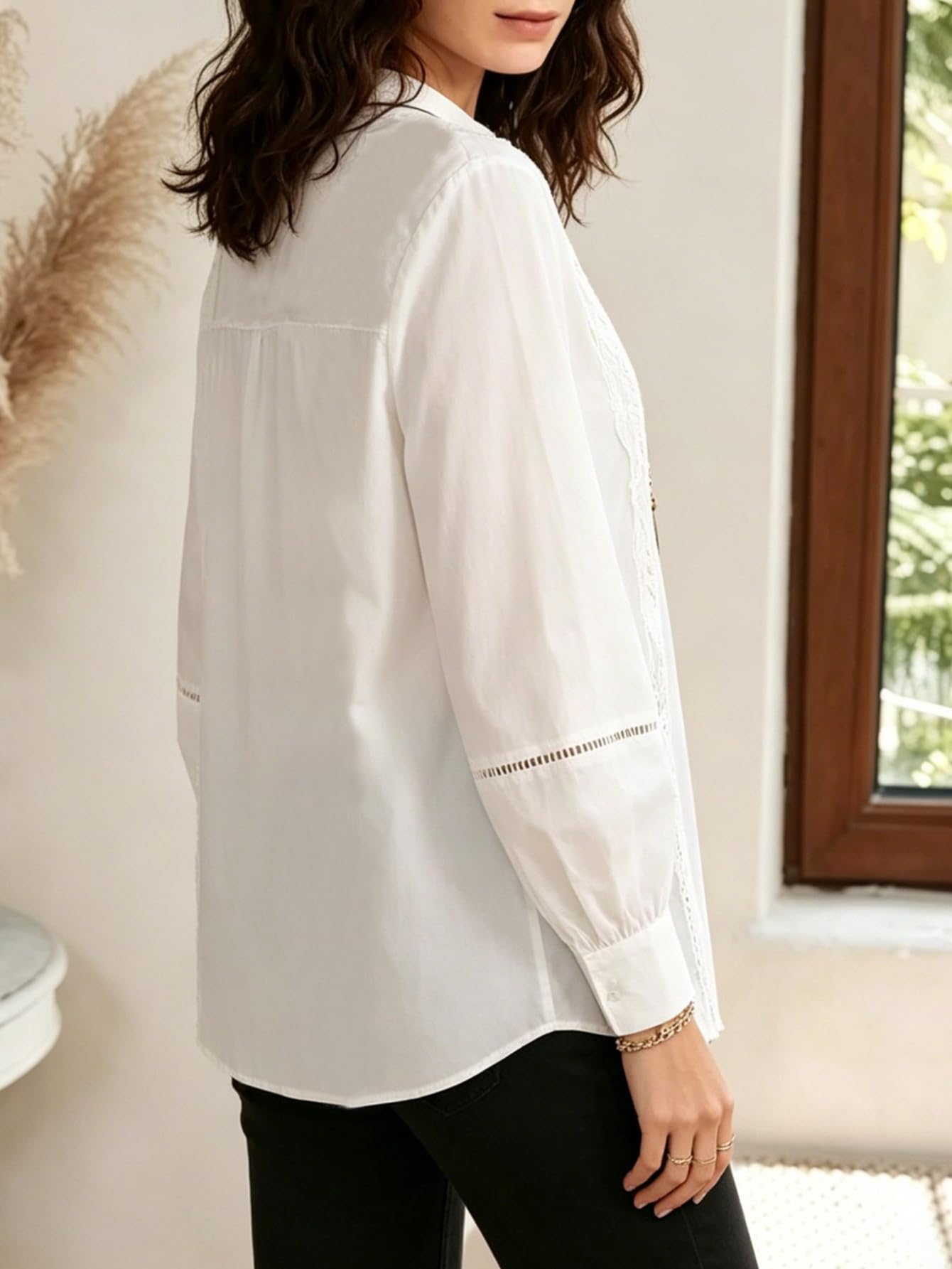 Women Woven Lace Embroidered Shirt Collar Long Sleeve Half Button Blouse