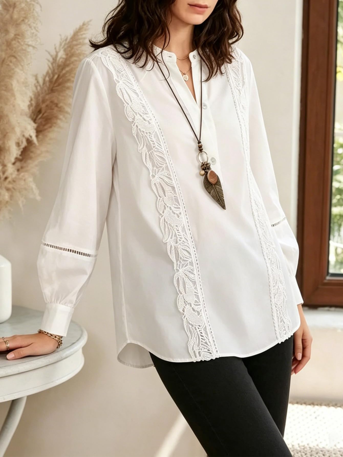 Women Woven Lace Embroidered Shirt Collar Long Sleeve Half Button Blouse