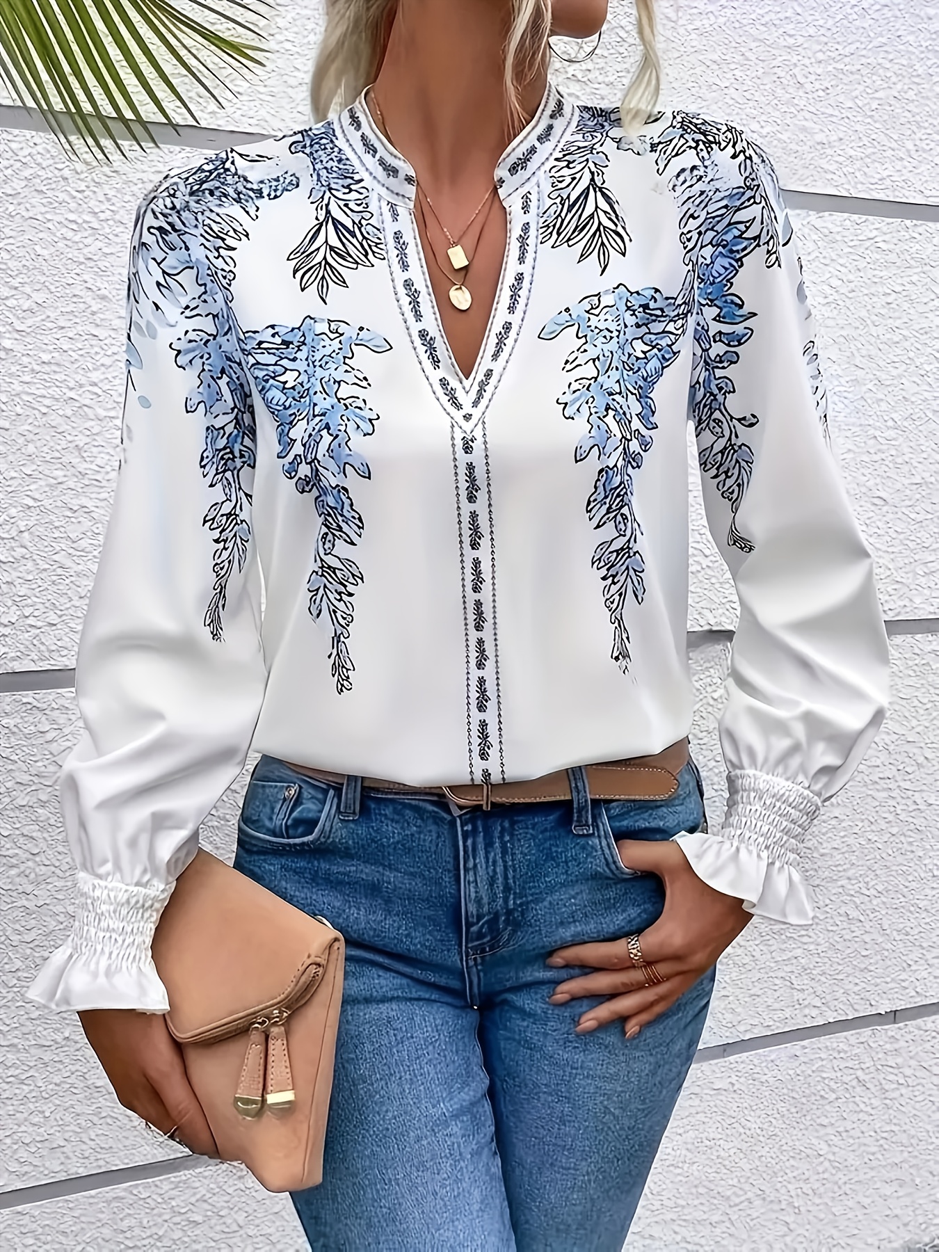 Women Woven Long Sleeve V Neck Floral Print Blouse
