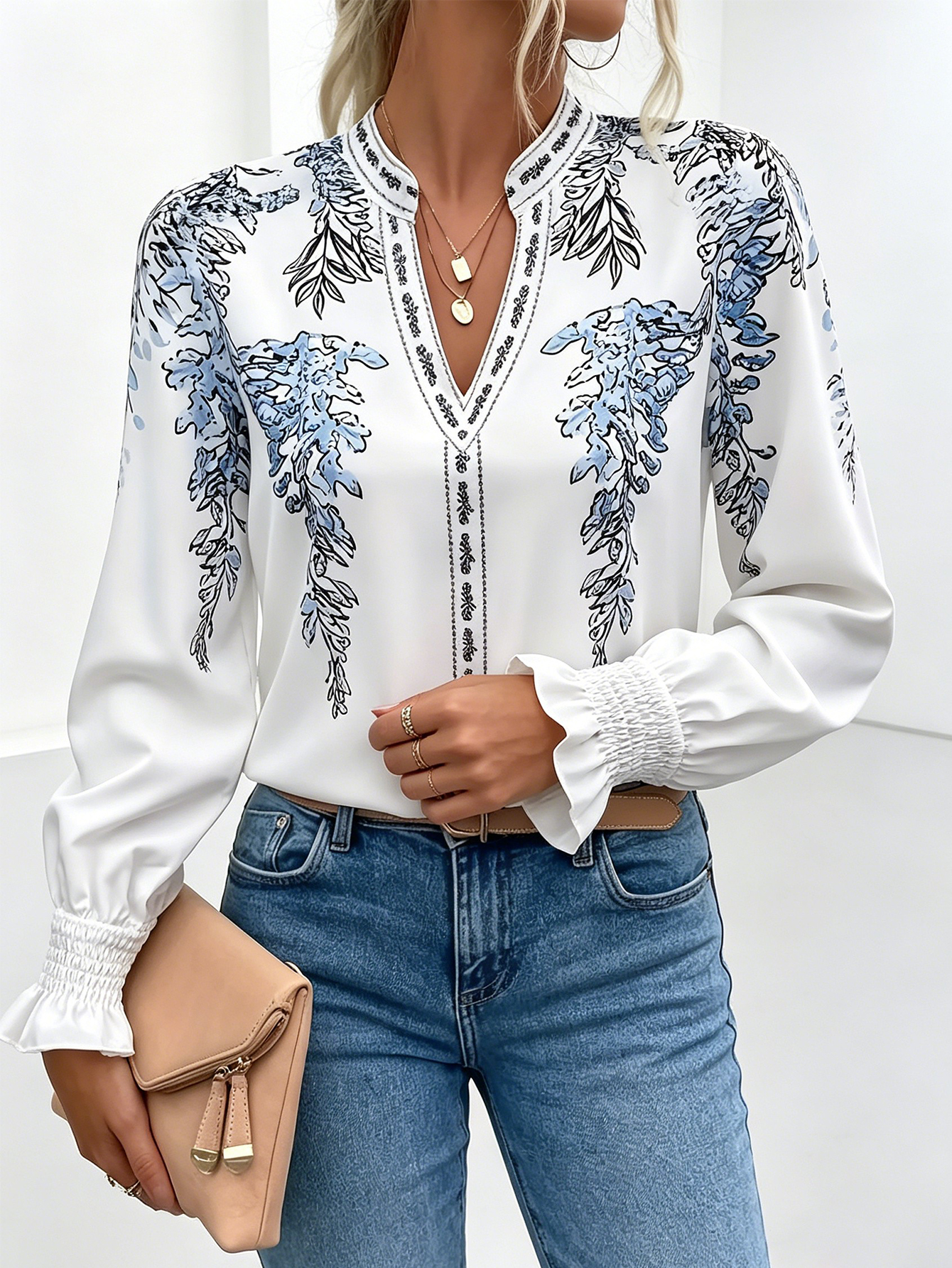 Women Woven Long Sleeve V Neck Floral Print Blouse