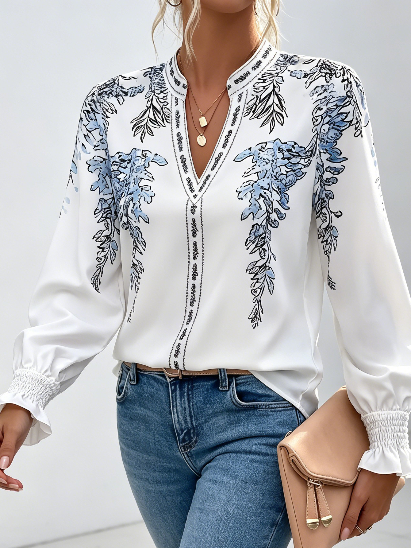 Women Woven Long Sleeve V Neck Floral Print Blouse