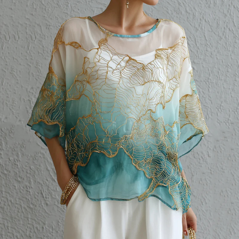 Womens 3D-printed Crew-neck Long-sleeve Retro Bohemian Top