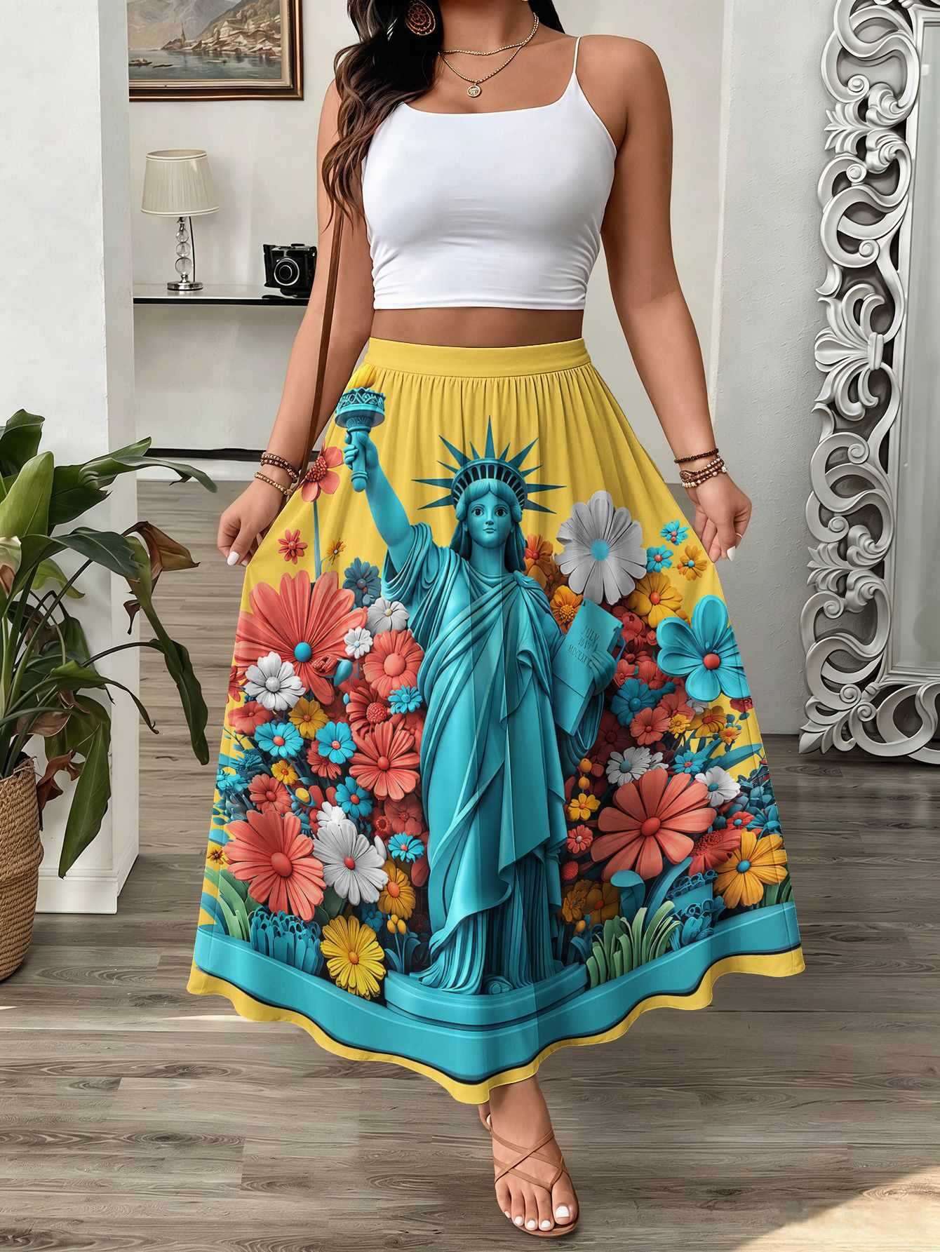 Womens 3D-printed Elastic High-waist Skirt