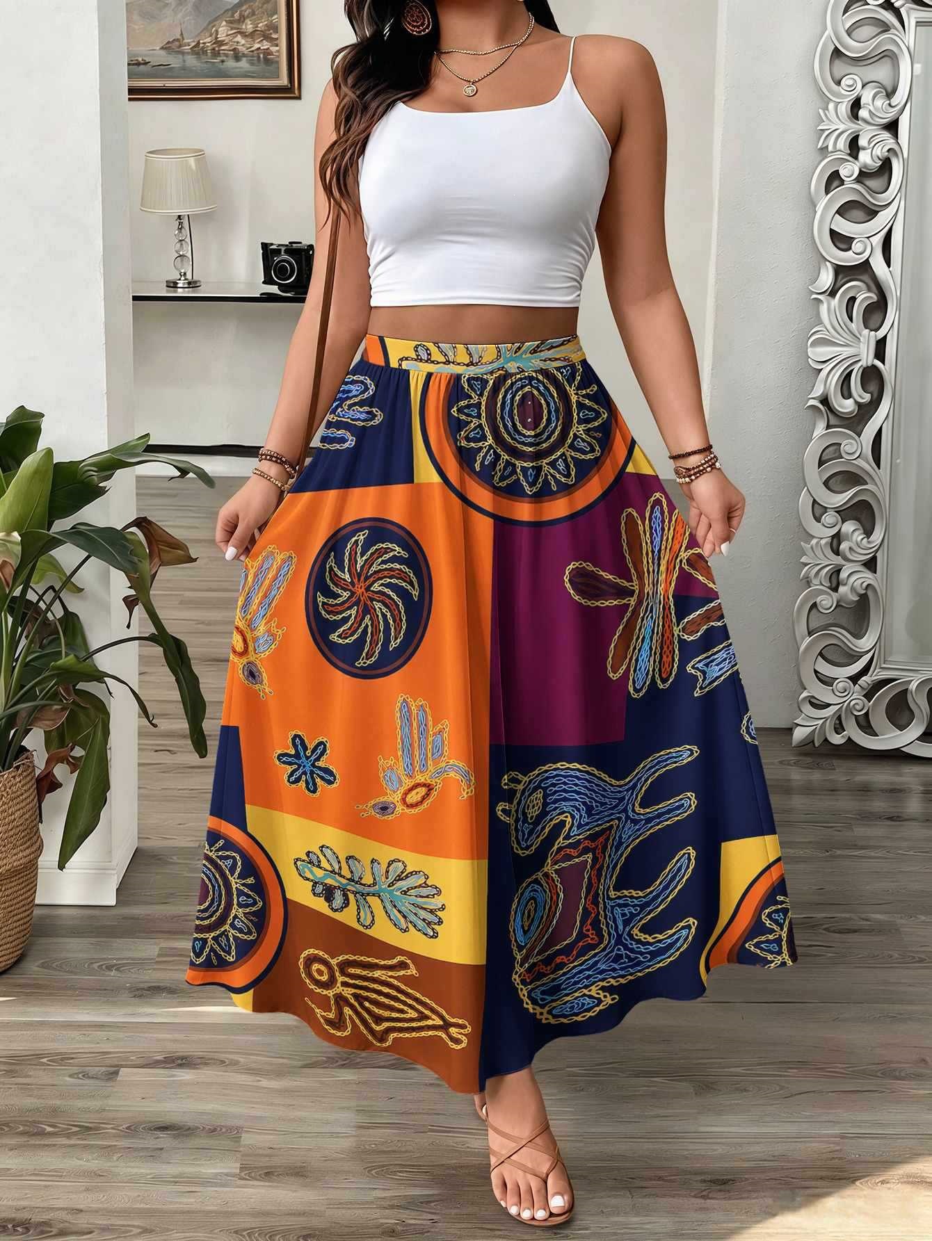 Womens 3D-printed Elastic High-waist Skirt