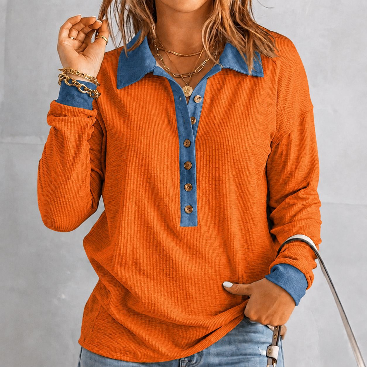 Womens Casual Long-sleeve Lapel Work Shirt