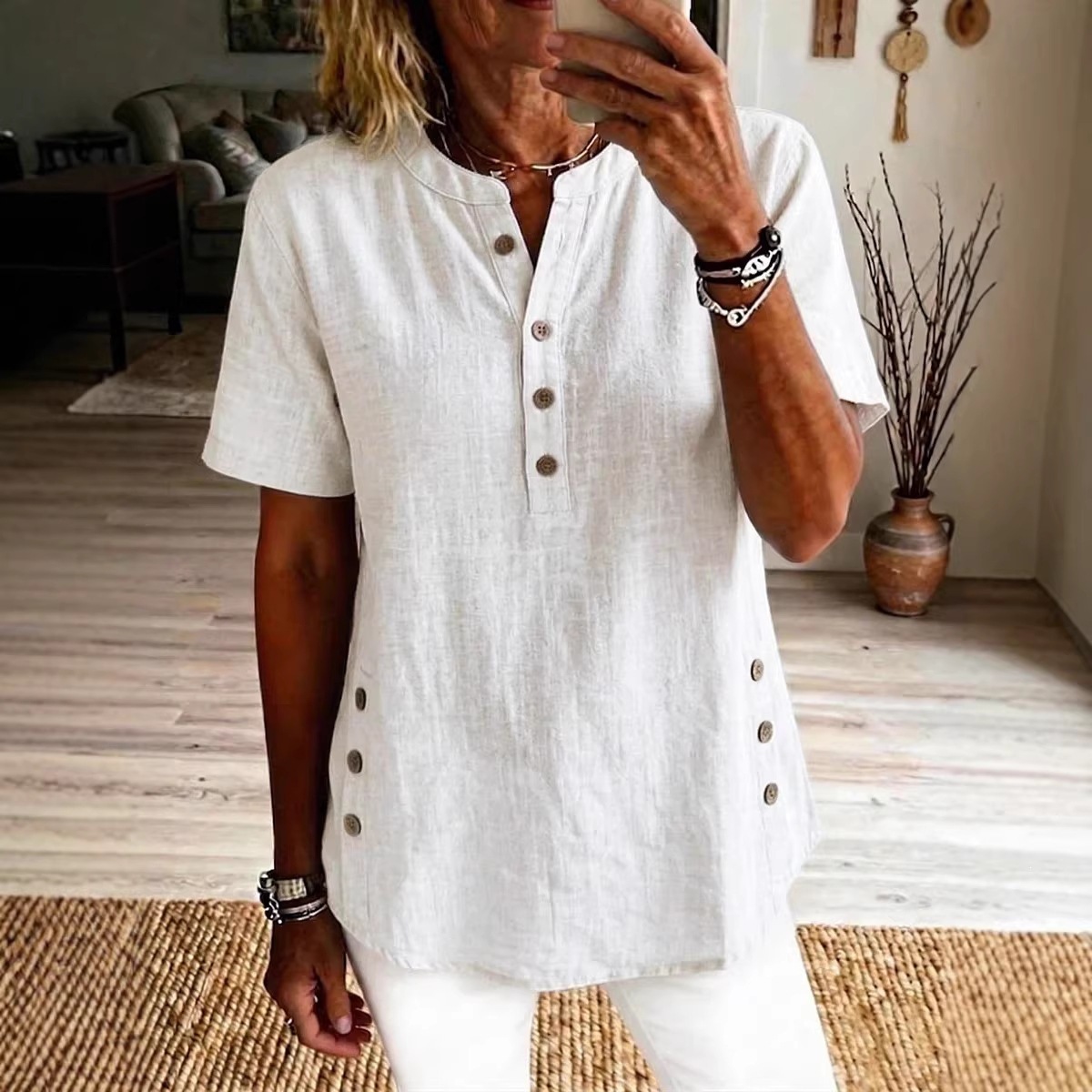Womens Casual Loose-fitting Pullover Short-sleeve Top