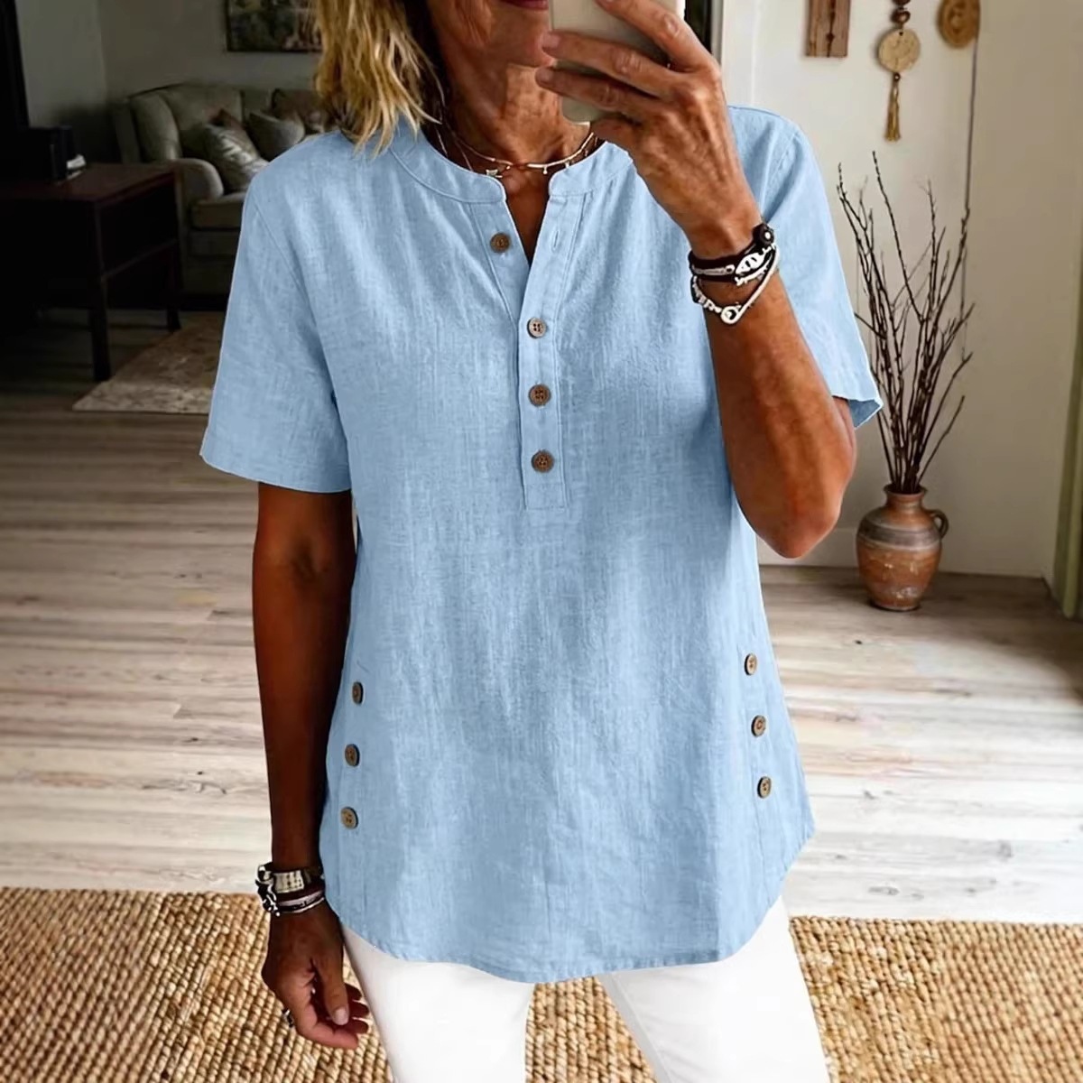 Womens Casual Loose-fitting Pullover Short-sleeve Top