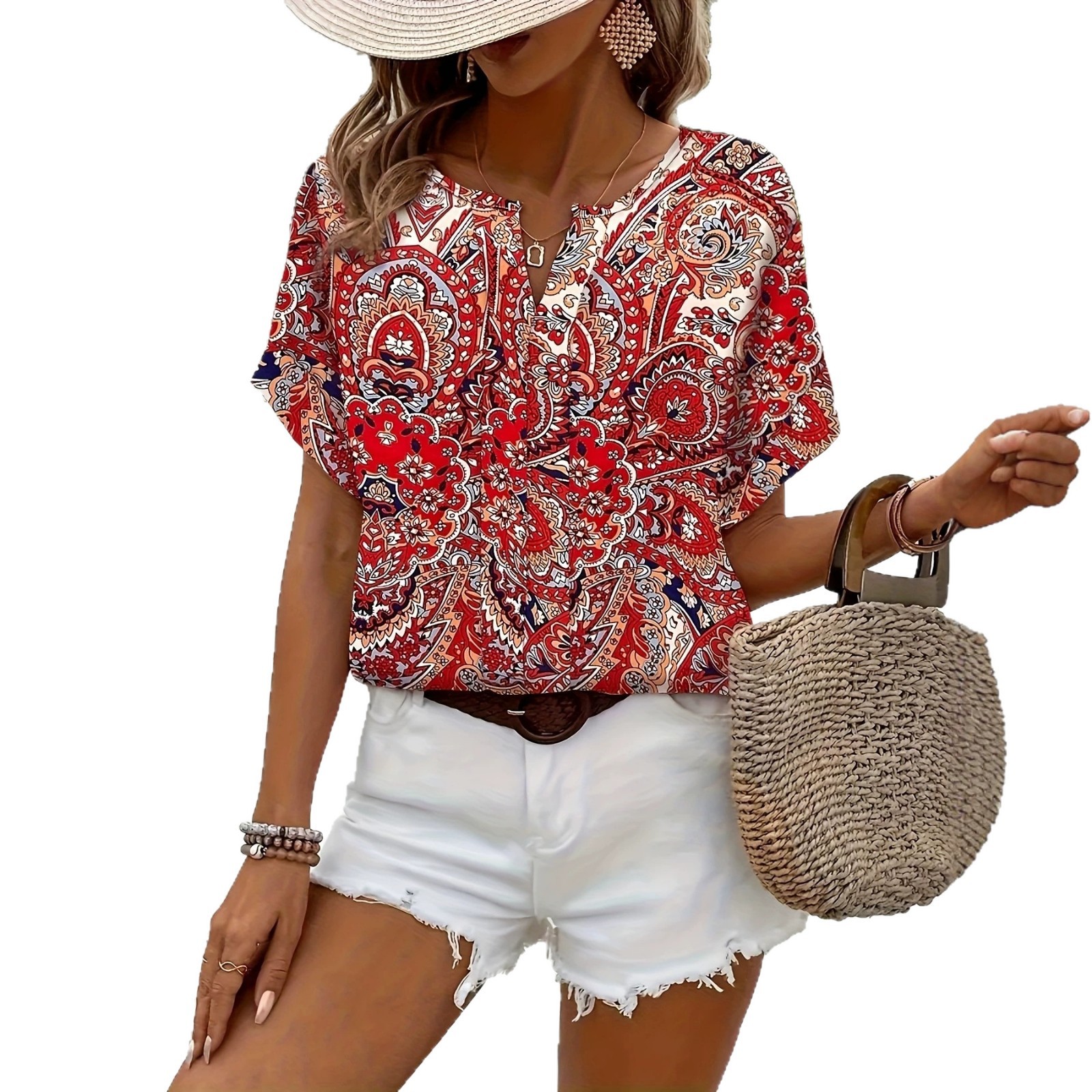 Womens Casual Off-Shoulder Red Printed Short-Sleeve Shirt With A V-Neck And Notch