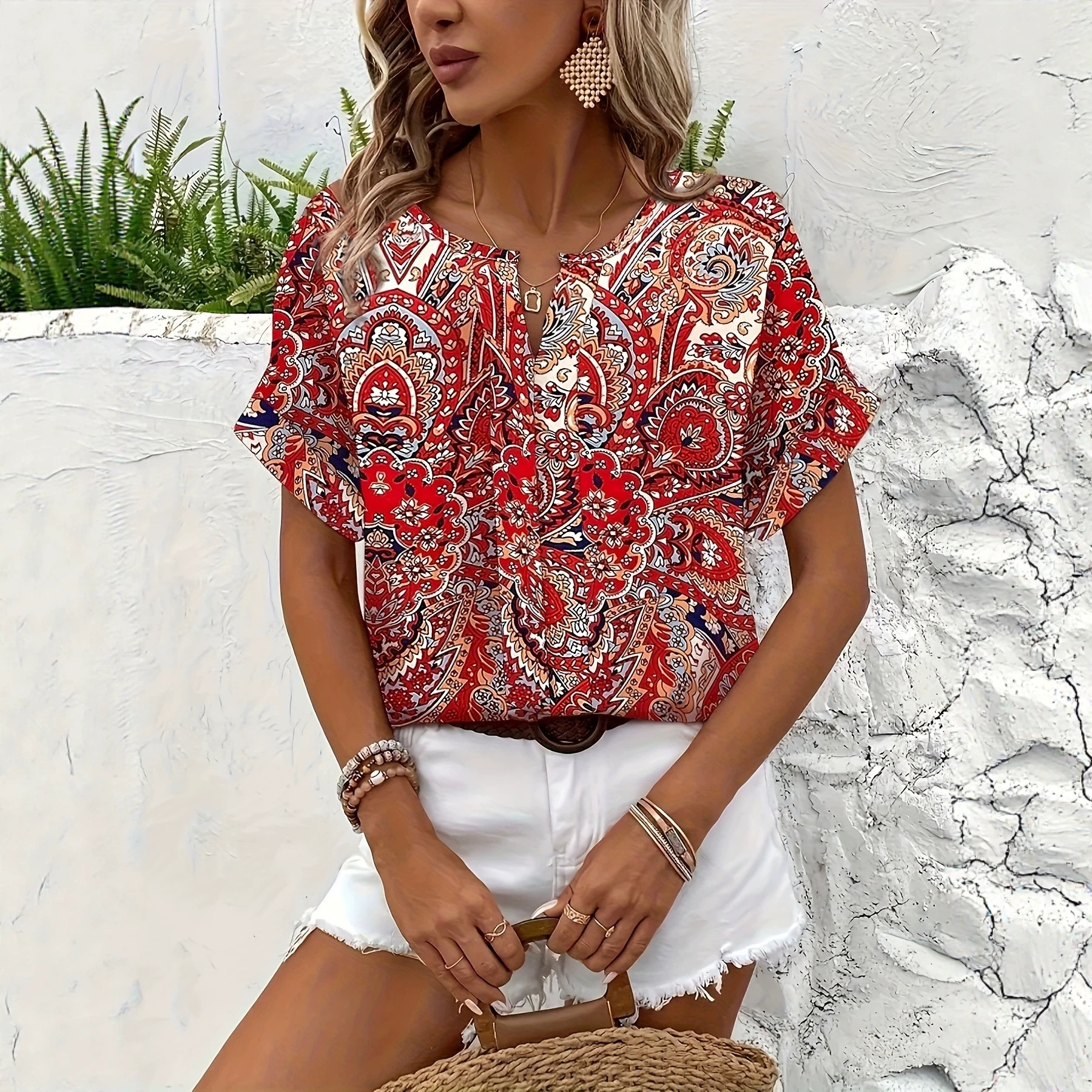 Womens Casual Off-Shoulder Red Printed Short-Sleeve Shirt With A V-Neck And Notch
