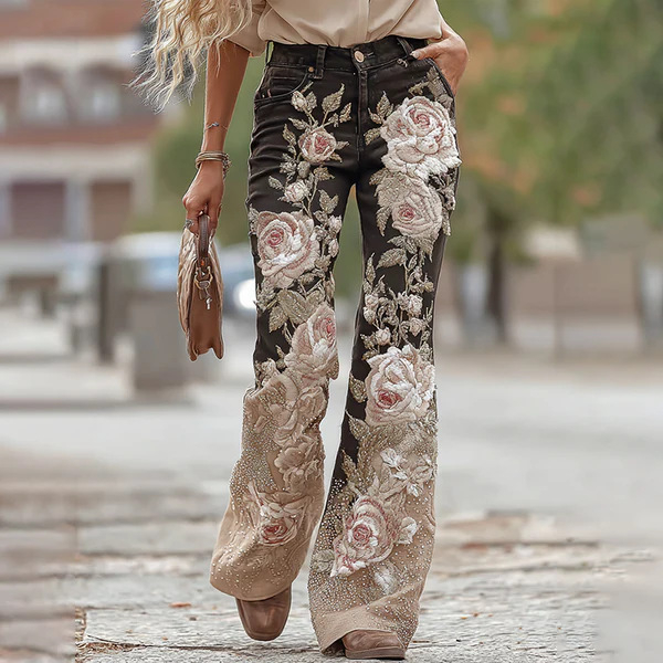 Womens Colorful Floral Faux Denim Pants