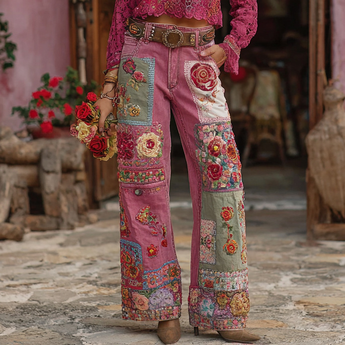 Womens Denim Jeans Womens Trousers With Colorful 3D Floral Prints