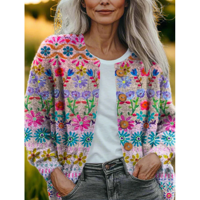 Womens Digital 3D-Print Geometric Cardigan Faux Sweater Coat