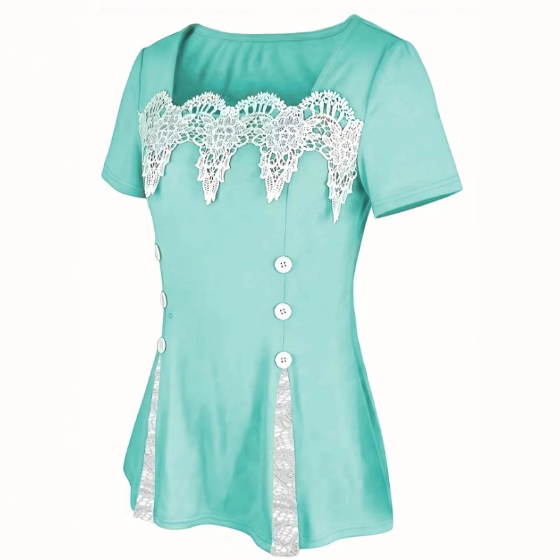 Womens Elegant And Minimalist Square-neck Lace-panel Fitted Short-sleeve Top