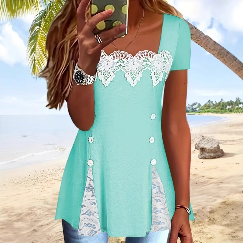 Womens Elegant And Minimalist Square-neck Lace-panel Fitted Short-sleeve Top