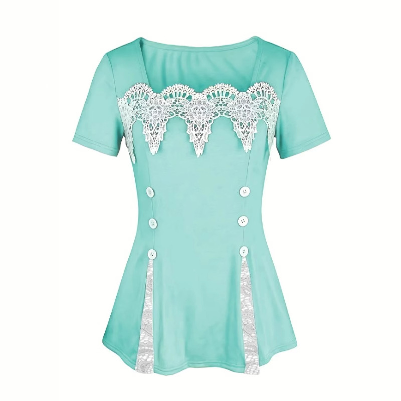 Womens Elegant And Minimalist Square-neck Lace-panel Fitted Short-sleeve Top