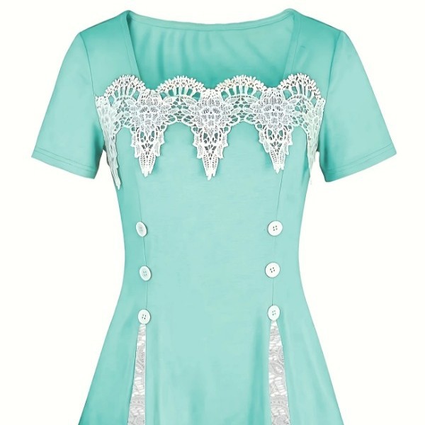 Womens Elegant And Minimalist Square-neck Lace-panel Fitted Short-sleeve Top