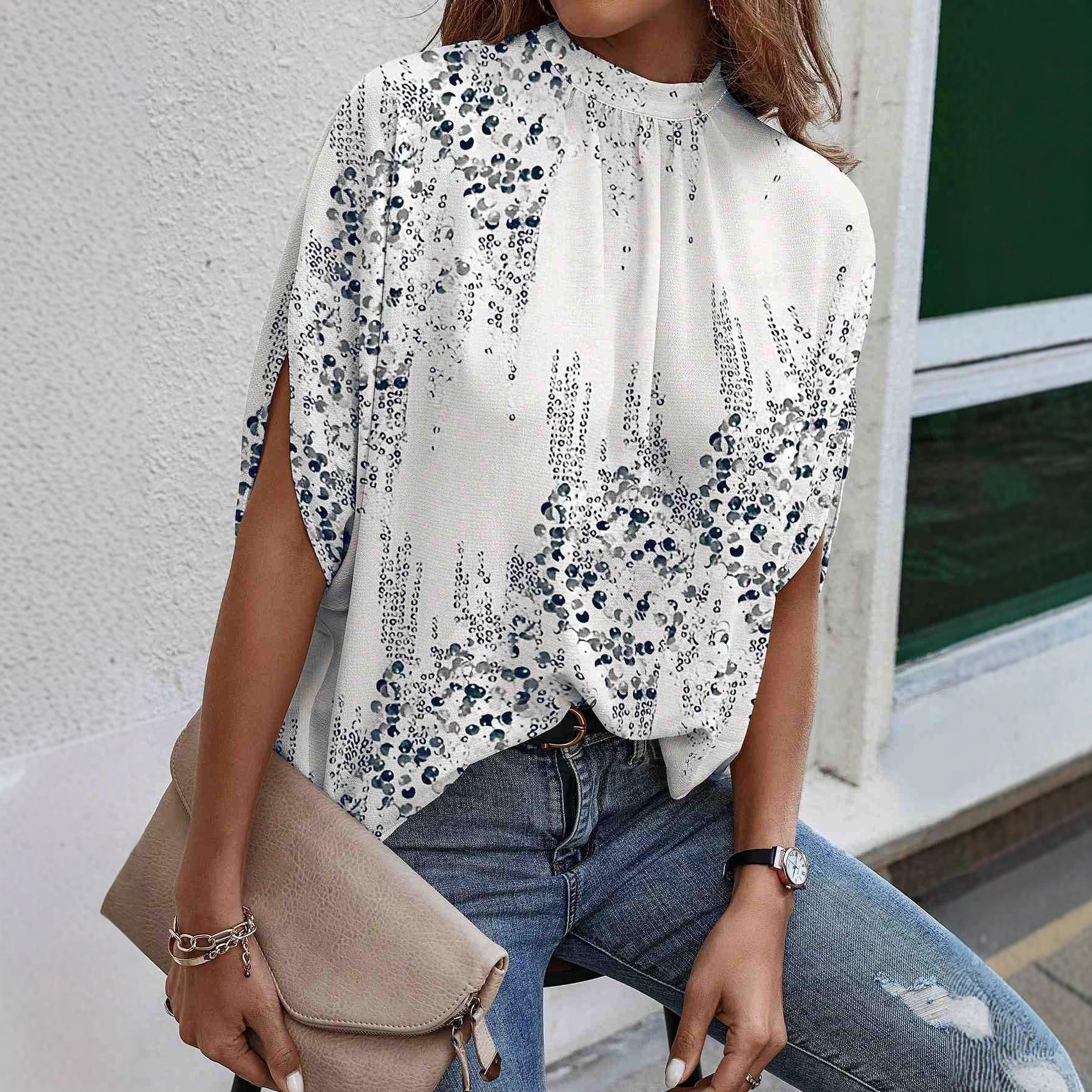 Womens Elegant Relaxed-fit Printed Short-sleeve Top